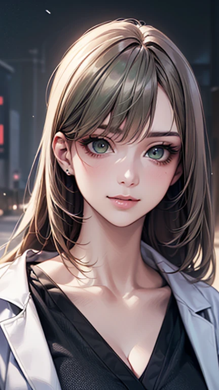 (Browsing Caution:1.2), (8k, RAW Photos, Best image quality, masterpiece: 1.4), (Highly detailed CG Unity 8k wallpaper, highest quality, High resolution: 1.2), (Ultra_Familiar, 超High resolution: 1.2), super highly Familiar, (Realistic, Realistic: 1.48), 1 girl, Focus Only, Side Lock, bangs, ((Dark green eyes:1.4, Round eyes, Beautiful eyelashes)), Clear Eyes,Big Breasts,Shiny Hair, beautiful Familiar cold face,Captivating smile, Beautiful and delicate eyes with exquisite detail,Extremely accurate details,Skin dents,Outdoor,Perfect Face,Perfect body, Beautiful Eyes, Beautiful Face,(Portraiture:1.5),Beautiful clavicle,Upward glance,Very cute woman, ((Female doctor:1.6、Doctor&#39;s white uniform、Stethoscope、Glasses、clean, Tied up hairstyle))、Medical Gloves、Name tag、Scrub Suits、Examination room、Medical equipment, Brown Hair,