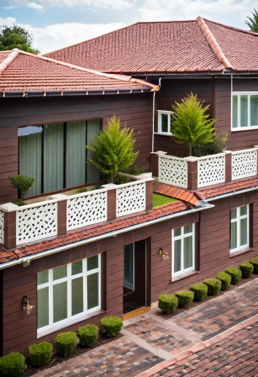 Raw photo,Masterpiece, high quality, best quality, authentic, super detail, exterior, outdoors, house style modern on the street,pavement, grass, trees, sky, cloud, (day:1.1), ((MIX WHITE AND Chocolate style color : 1.3)); (((CHOCOLATE COLOR STYLE ROOF TILES : 1.7)))