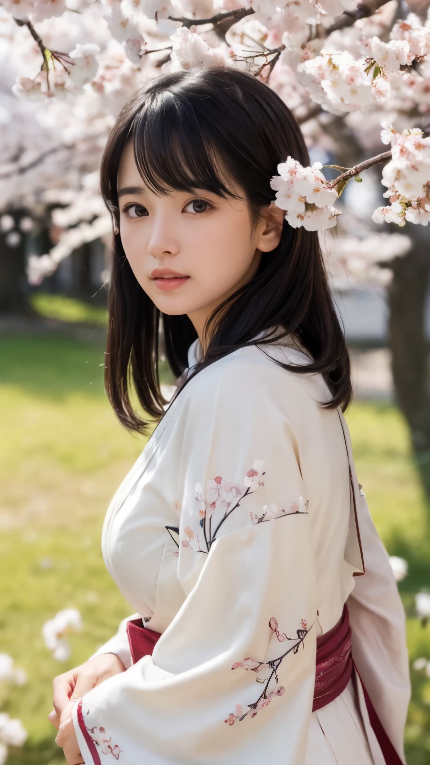 (logo、masterpiece、8k、Tabletop、RAW Photos、wonderful、最high quality、Realistic、Very detailed CG 統合 8k 壁紙、high quality、Very detailed、narrative poem、Particle Effects、Dynamic Effects、Depth of written boundary、Cinematic Light、Lens flare、Ray Tracing)、Fantasy、 (1 beauty、White kimono、Japanese clothing、White cherry blossom pattern、White cherry blossom embroidery pattern、Black-haired、Beautiful Face、True Face、Beautiful details in the eyes、Beautiful Skin)、Hair flutters in Wind、Hair bounces、Pink cherry blossom tree、Petals flutter、SakuraFubuki、wonderful景色、Morning Glow、Sun in the background、Wind、god々、tooth、god話、Vast land、