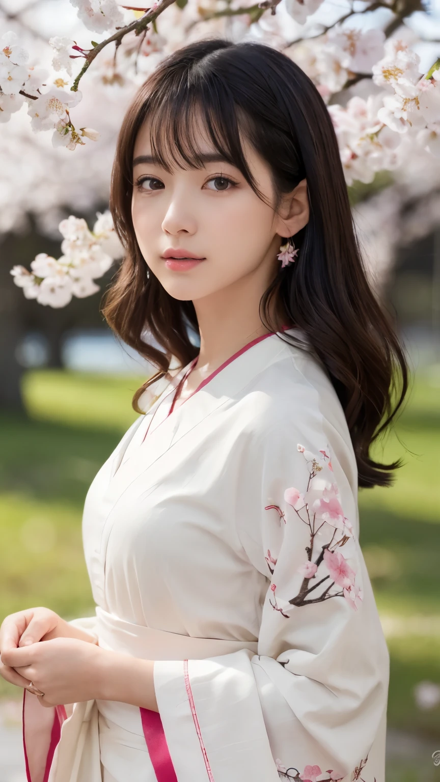 (logo、masterpiece、8k、Tabletop、RAW Photos、wonderful、最high quality、Realistic、Very detailed CG 統合 8k 壁紙、high quality、Very detailed、narrative poem、Particle Effects、Dynamic Effects、Depth of written boundary、Cinematic Light、Lens flare、Ray Tracing)、Fantasy、 (1 beauty、White kimono、Japanese clothing、White cherry blossom pattern、White cherry blossom embroidery pattern、Black-haired、Beautiful Face、True Face、Beautiful details in the eyes、Beautiful Skin)、Hair flutters in Wind、Hair bounces、Pink cherry blossom tree、Petals flutter、SakuraFubuki、wonderful景色、Morning Glow、Sun in the background、Wind、god々、tooth、god話、Vast land、