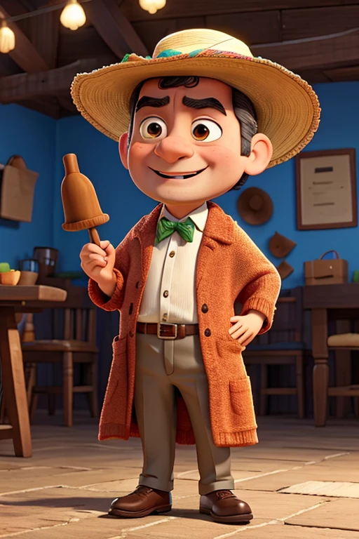 Mr bean wearing a poncho and a sombrero hat while holding maracas