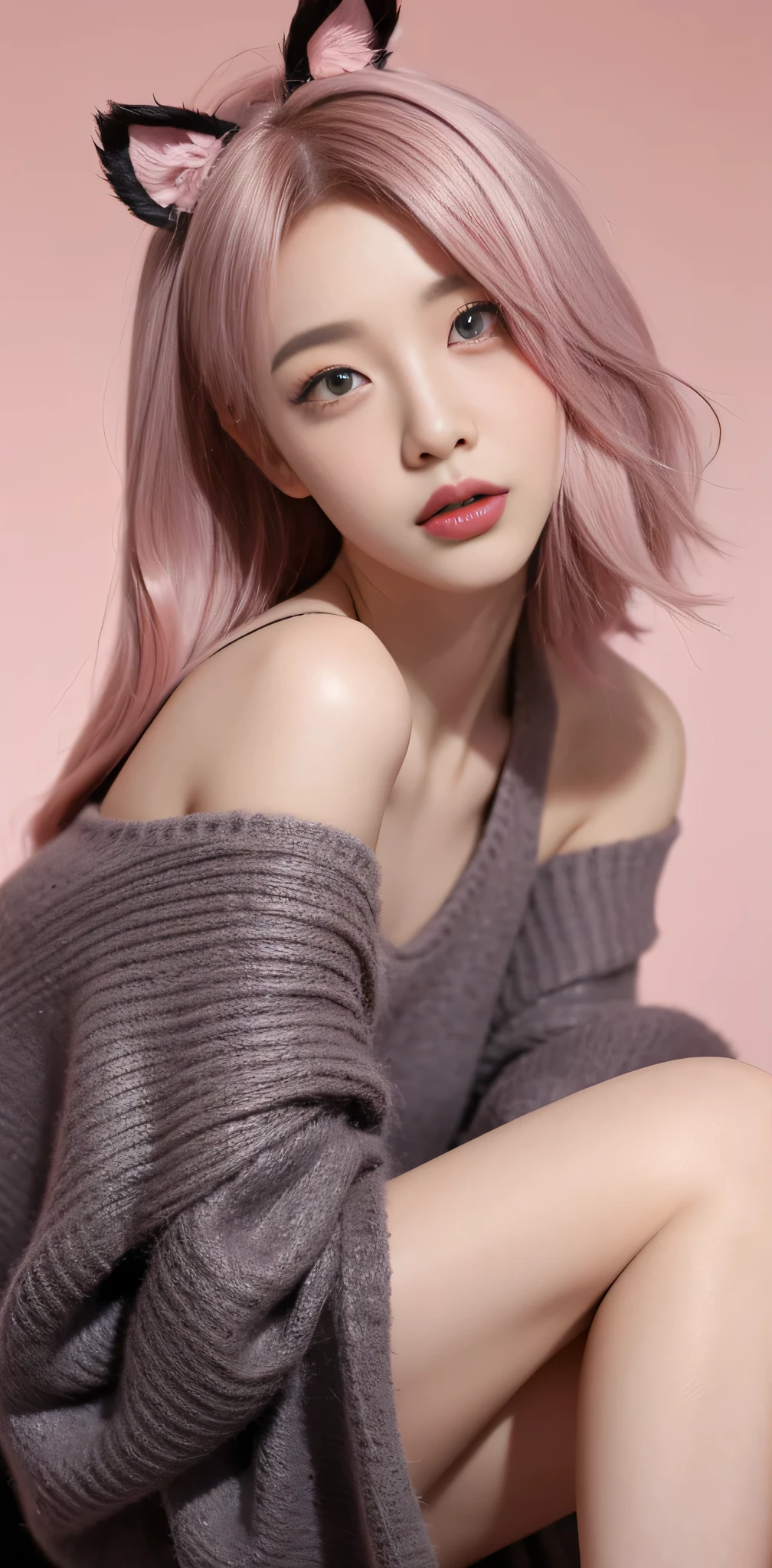1girl, animal_ears, gradient, gradient_background, magazines_background, looking_at_viewer, pink_hair, solo by JM