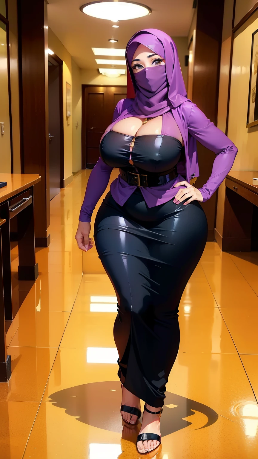 A busty hijabi girl, Arabic ethnicity, brown skin, Muslim, mature woman, wearing a secretary outfit, purple open shirt, black jacket, mini skirt, brow stocking, a black high heel, silk headscarf, big natural breasts, nice rounded ass, cleavage, sexy, thick hips, beautiful feet, smiling at the viewer, top view, in a corporate environment, taking a picture in reunion room, pc wallpaper, 8k, 4k, wallpaper, full body shot, subject in the middle of the frame