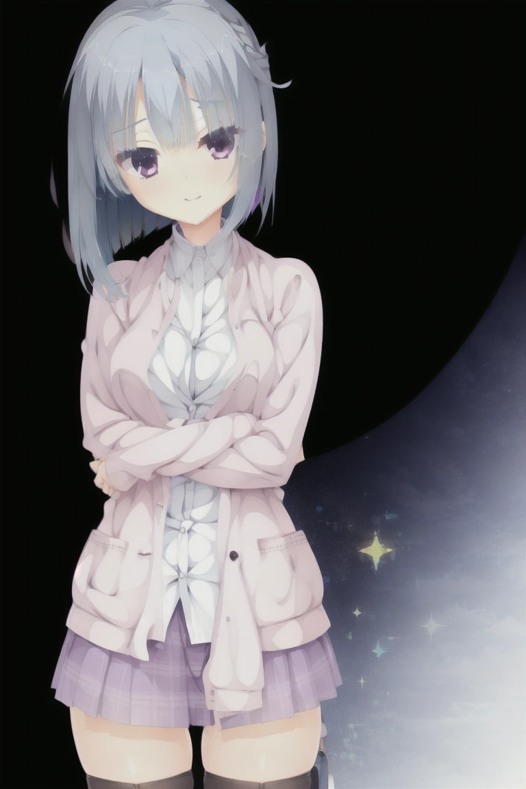 1girl,独奏,pink_eyes,Blue_hair,bob_hair,smile,Light brown cardigan, baggy cardigan, white shirt, cute shirt, skirt, pleated skirt, brown skirt, plaid skirt, thigh-highs sleeves_past_wrists,Bedroom,expensive_solve, clear_image, expensive_Contrast, 8k, Sparkling, beautiful_detailed_face_and_eye, (Blue Hair:1.25), 白 eye,Black background