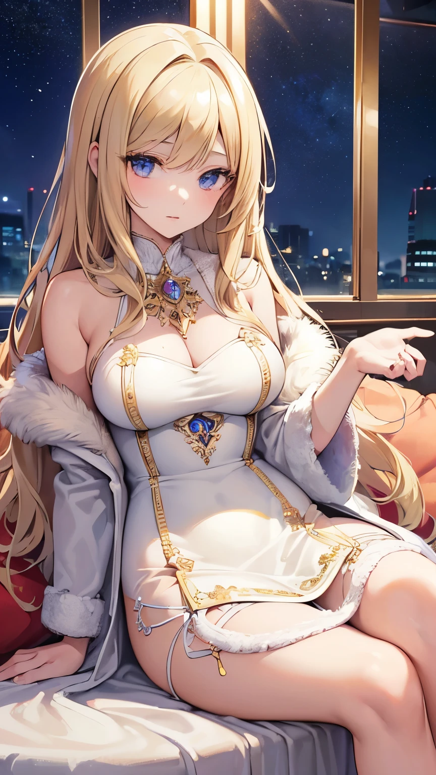 ((best quality)), ((masterpiece)), (detailed), perfect face, perfect detailed eyes, perfect detailed face, ultra-detailed nose, rich waist-length hair, blonde hair, silk dress, (fur coat, mink fur), red high heels, Moist eyes, Brilliance, Gorgeous women, high-class prostitutes, cowboy shot, Starry sky, Sitting on the couch