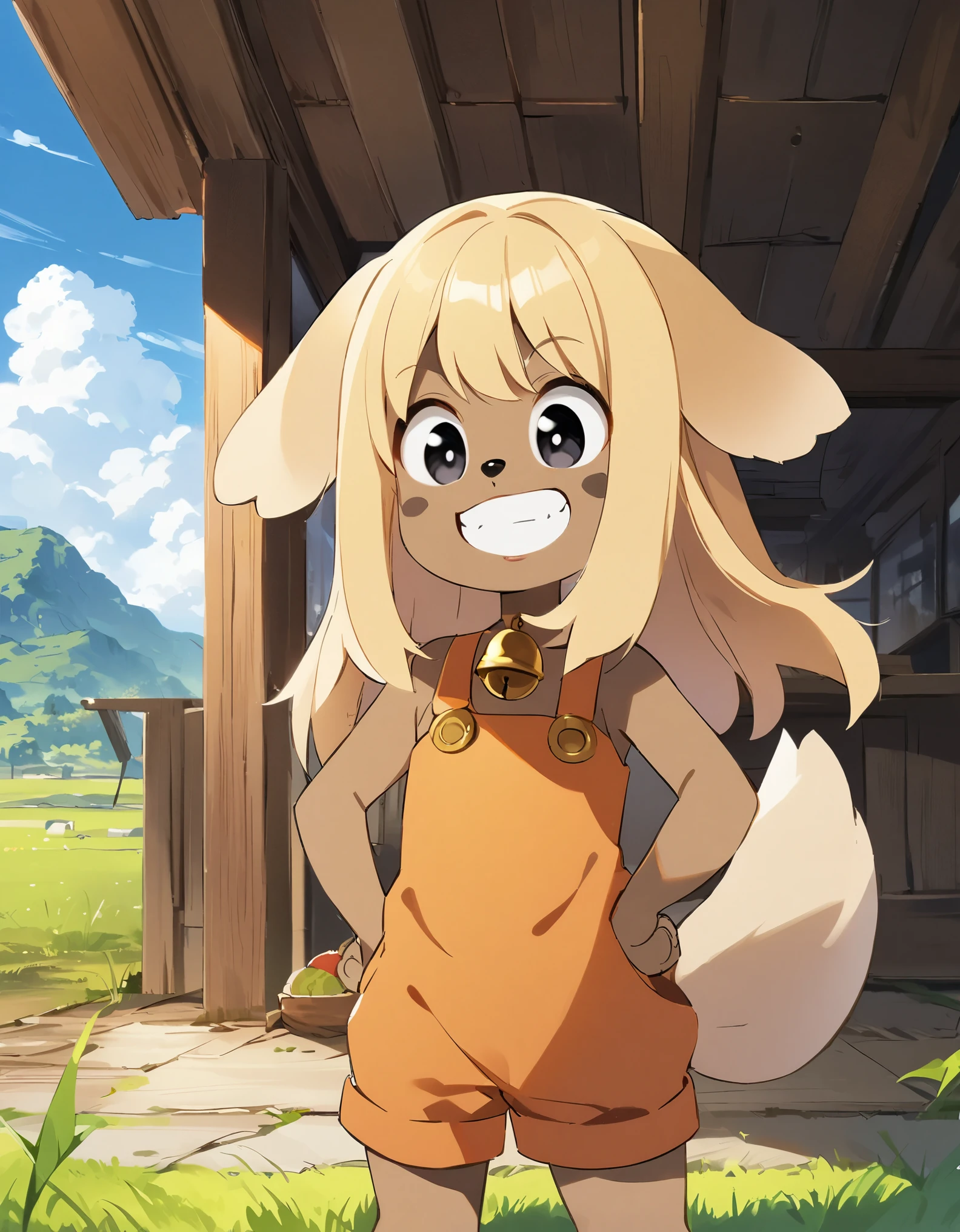 score_9, score_8_up, score_7, score_6_up, rating_safe,, lilotte, solo, girl, dog ears, long hair, furry female, dog tail, barefoot, looking at viewer, blonde hair, black eyes, full body, standing, smile, upper body, sleeveless, orange overalls, outdoors, bell, dog girl, holding, animal nose, grin,teeth, hands on hips, paw pads, from behind, open mouth, closed mouth, closed eyes, indoors, sky, day, blue sky, food, cloud, grass,