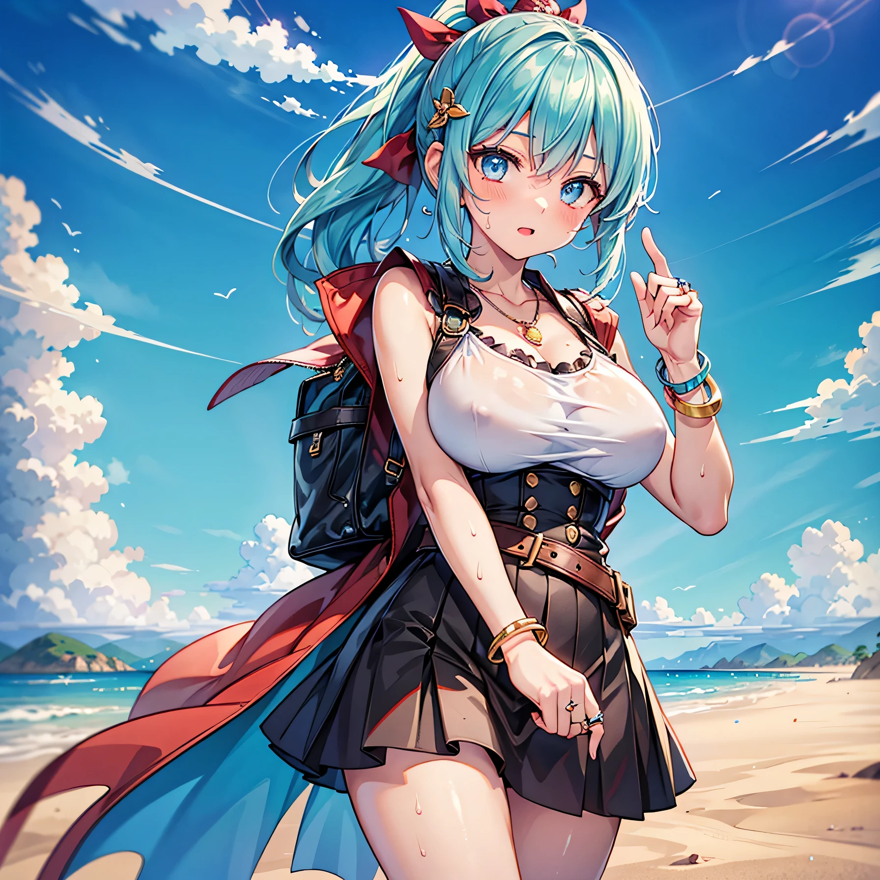 Anime Moe Art Style,highest quality,High resolution,Anatomically correct,One Girl,Mid-s,A girl with light blue hair in a ponytail,Super detailed,Fantasy World,Sleeveless tops,mini skirt,Big Breasts,Daytime,desert,,A rich expression,It's hot,Sweating,Eyes drawn in detail,hair ornaments,necklace,bracelet,ring,8K