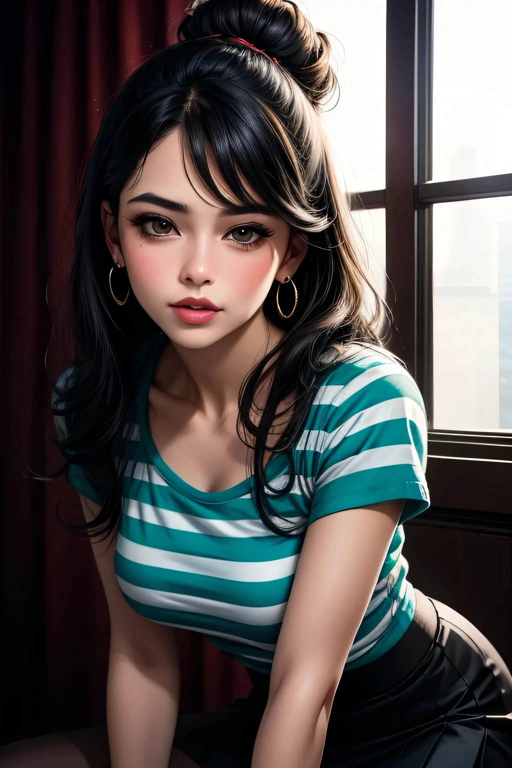Amazing portrait of a sexy woman with a beautiful face with seductive eyes gazing intensely at me with her soft lips parted in anticipation of a kiss which is making her blush intensely her lips are also curved in a soft smile she has her luscious black hair in a cute bun wearing a black and white striped t shirt and a dark green skirt paired with some elegant earrings her t shirt showing her medium chest and perfect body off 