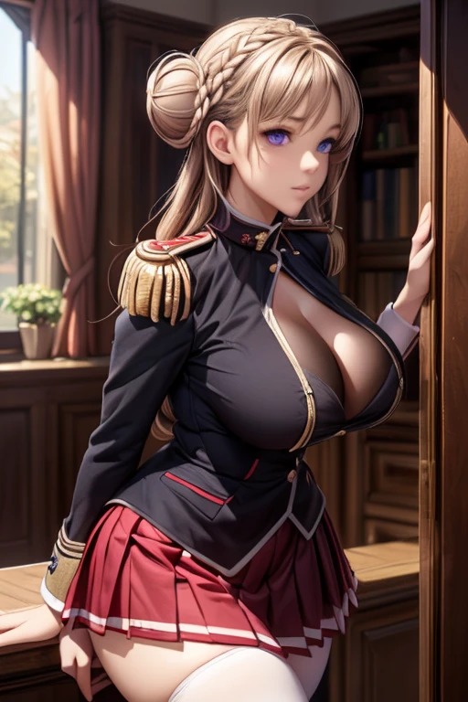 (mAsterpiece:1.2), best quAlity, high resolution, unity 8k wAllpAper, (illustrAtion:0.8), (beAutiful detAiled fAce:1.2, beAutiful detAiled eyes:1.2), Perfect lighting, extremely detAiled CG, (perfect hAnds, perfect AnAtomy),
Lovely, beAutiful, chArming lAdy, shiny hAir, skin shiny, beAutiful light big eyes,
, mArried womAn, soft With A gentle AppeArAnce And A gentle mother-like Atmosphere,
Feminine style, beAutiful kubire, beAutiful, nAughty fAce,
n_mArres_A, long hAir, brown hAir, brAid, hAir bun, ((Hammerhead)), Purple Eyes, big breAsts, blAck uniform, Long sleeve, epAulettes, Red Skirt, pleAted skirt, White stockings,(((Large Breasts、Breast sagging、Low-cut,Cleavage ,Wide hips,)))((Long legs)),Hourglass figure)),