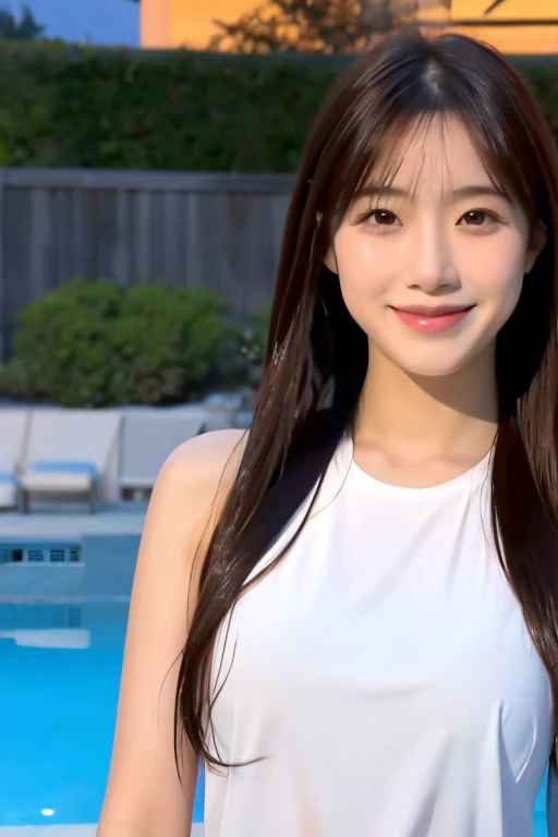 (8K), (highest quality: 1.2), (Realistic), (Realistic: 1.37), Ultra-high resolution,Japanese women,Sit by the pool,A radiant smile,Night Pool,Clear unevenness,slender,A Cup,whole body,Wear a wet shirt,Wet straight hair,Beautiful water splashes,whole bodyびしょ濡れ,Protruding nipples