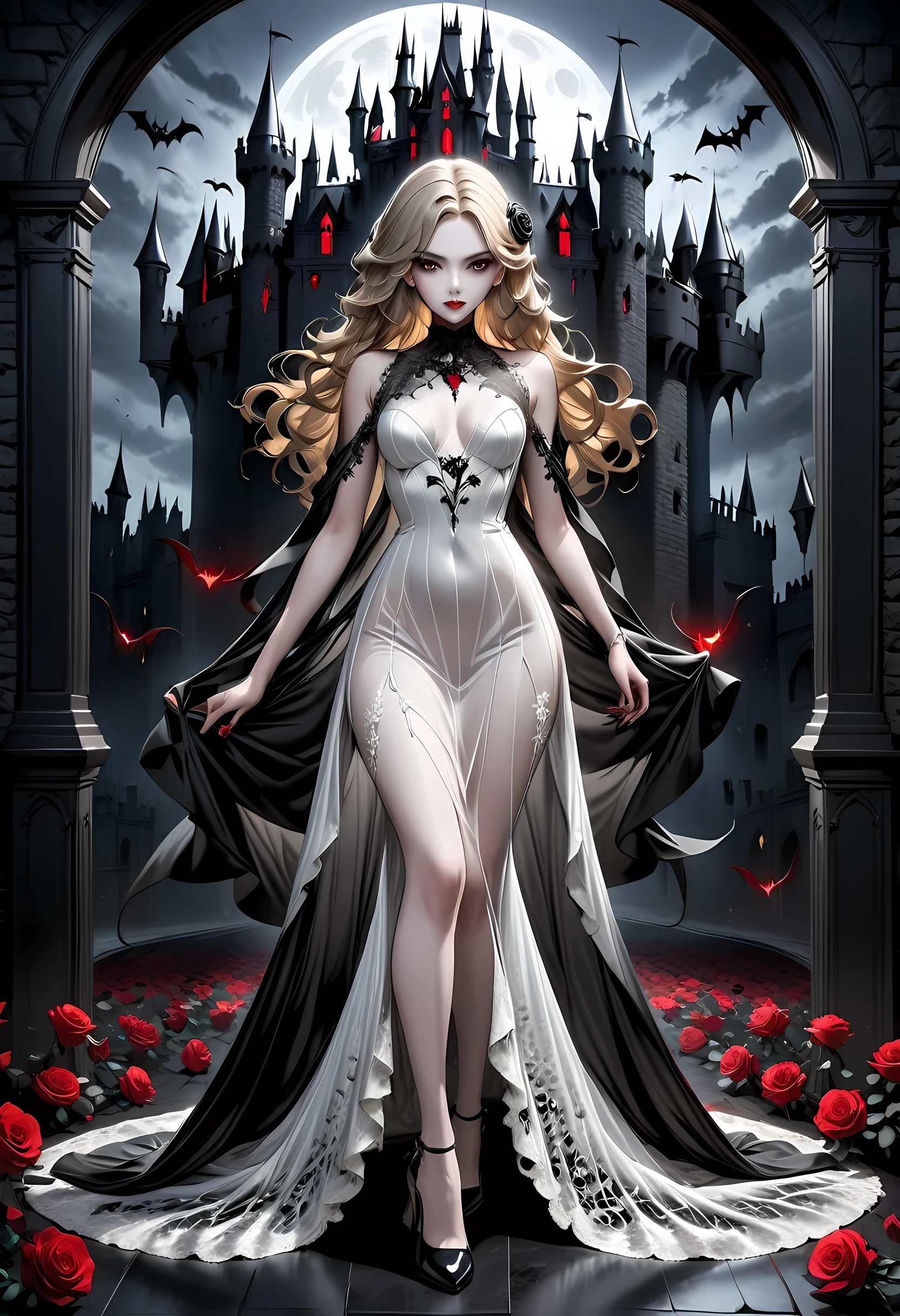 Dark fantasy art, fantasy art, goth art, a picture of a female vampire, exquisite beauty, full body shot, dark glamour shot, pale white skin, dark blond hair, long hair, wavy hair, (glowing grey: 1.3) eyes, she wears a (white lace dress: 1.3) exquisite, beautiful, half sheer dress, ((white lace: 1.5)) dress (intense details, Masterpiece, best quality: 1.5), ArmoredDress, the roses are imprinted on the dress (black: 1.4) black roses betmd, high heells, dark castle porchm, dark, black and color