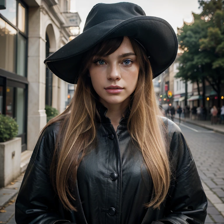 (Masterpiece, photorealistic, photorealism, best quality, ultra-detailed:1.3), (nice hands, perfect hands), official art, cinematic light, (1girl:1.3), adult, cute,slender,european, eyes,pale cheeks,square face shape with angular jaw,natural "no-makeup" makeup,(honey blond hair), blue cristal eyes, blue eyes, beautiful blue eyes, girl wearing a black tricorn hat, tricorn hat,a gray duster coat, a pair of brown leather boots, a pair of black gauntlets with golden ornaments, scarf, long hair, bangs, hair betwen eyes, hair on one eye, really long hair,Outdoors, half body, standing, facing forwards, blurred desaturated bokeh background, dark theme, (pale skin texture, hyperrealism, soft light, sharp), artistic photoshoot, bangs, untied hair, blond golden hair, hair on one eye, hair between eyes, really long hair