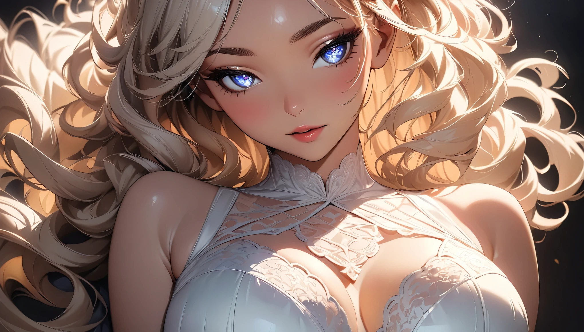 (highest quality:1.2, Very detailed, High Detail, Ultra-high resolution, High Contrast, masterpiece:1.2, highest quality, Best aesthetics), (((1 girl))), Beautiful woman, Woman in a seductive pose, Wavy hair with highlights, Beautiful fine details, Beautiful lip detail, Very detailedな目と顔, Long eyelashes, Detailed eyes and lips, Shine, Soft Skin, A faint blush, Delicate Jewelry, Glamorous makeup, White lace lingerie:1.2, ((Focus on the white lace pattern:1.2, Delicate lace pattern)), See-through lingerie, Feminine curves and contours, Sensual atmosphere, Dramatic lighting, Romantic colors, Lying on pure white silk sheets, (((Bust up shot:1.4))).
