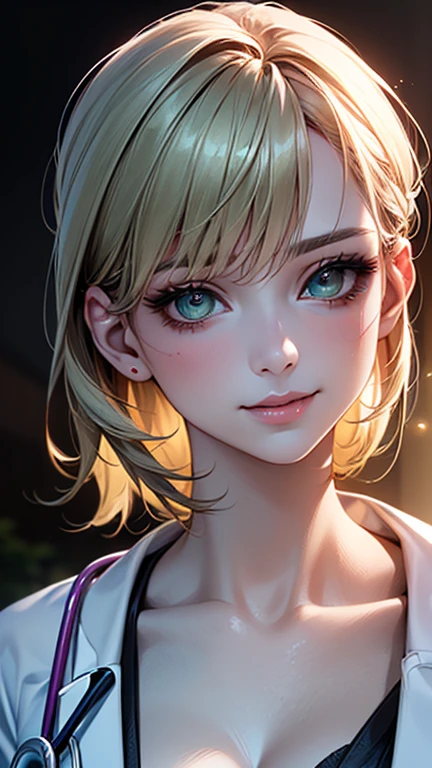 (Browsing Caution:1.2), (8k, RAW Photos, Best image quality, masterpiece: 1.4), (Highly detailed CG Unity 8k wallpaper, highest quality, High resolution: 1.2), (Ultra_Familiar, 超High resolution: 1.2), super highly Familiar, (Realistic, Realistic: 1.48), 1 girl, Focus Only, Side Lock, bangs, ((Dark green eyes:1.4, Round eyes, Beautiful eyelashes)), Clear Eyes,Big Breasts,Shiny Hair, beautiful Familiar cold face,Captivating smile, Beautiful and delicate eyes with exquisite detail,Extremely accurate details,Skin dents,Outdoor,Perfect Face,Perfect body, Beautiful Eyes, Beautiful Face,(Portraiture:1.5),Beautiful clavicle,Upward glance,Very cute woman, ((Female doctor:1.6、Doctor&#39;s white uniform:1.3、Stethoscope、Glasses、clean, Tied up hairstyle))、Medical Gloves、Name tag、Scrub Suits、Examination room、Medical equipment, Brown Hair,