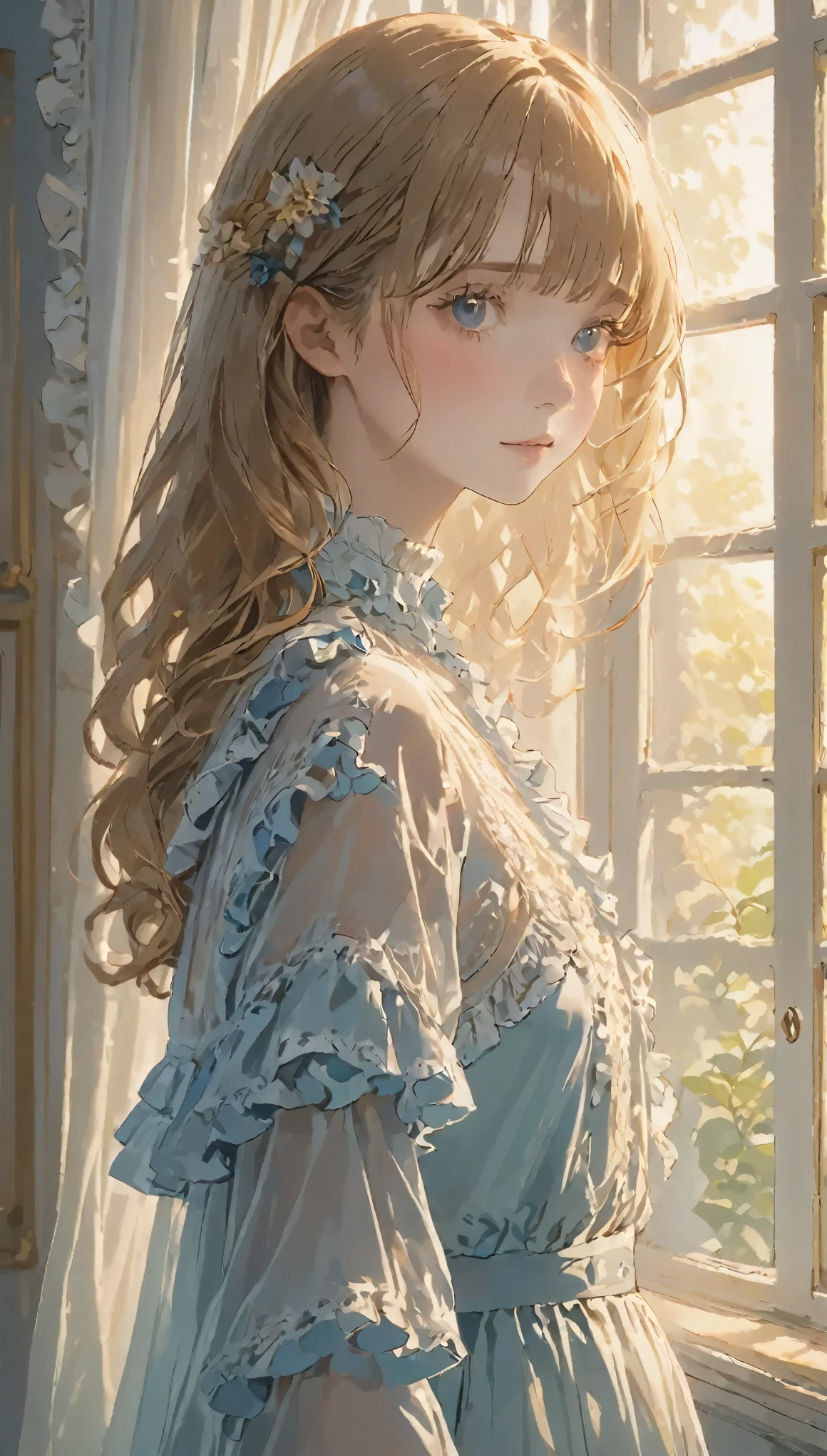(highest quality, masterpiece), One girl, Intricate details, Frills, See through, View Viewer, Sunlight from the window, blush, bangs, Are standing, Upper Body,