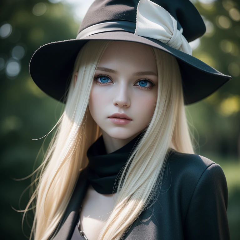 (Masterpiece, photorealistic, photorealism, best quality, ultra-detailed:1.3), (nice hands, perfect hands), official art, cinematic light, (1girl:1.3), adult, cute,slender,european, eyes,pale cheeks,square face shape with angular jaw,natural "no-makeup" makeup,(honey blond hair), blue cristal eyes, blue eyes, beautiful blue eyes, girl wearing a black tricorn hat, tricorn hat,a gray duster coat, a pair of brown leather boots, a pair of black gauntlets with golden ornaments, scarf, long hair, bangs, hair betwen eyes, hair on one eye, really long hair,Outdoors, half body, standing, facing forwards, blurred desaturated bokeh background, dark theme, (pale skin texture, hyperrealism, soft light, sharp), artistic photoshoot, bangs, untied hair, blond golden hair, hair on one eye, hair between eyes, really long hair