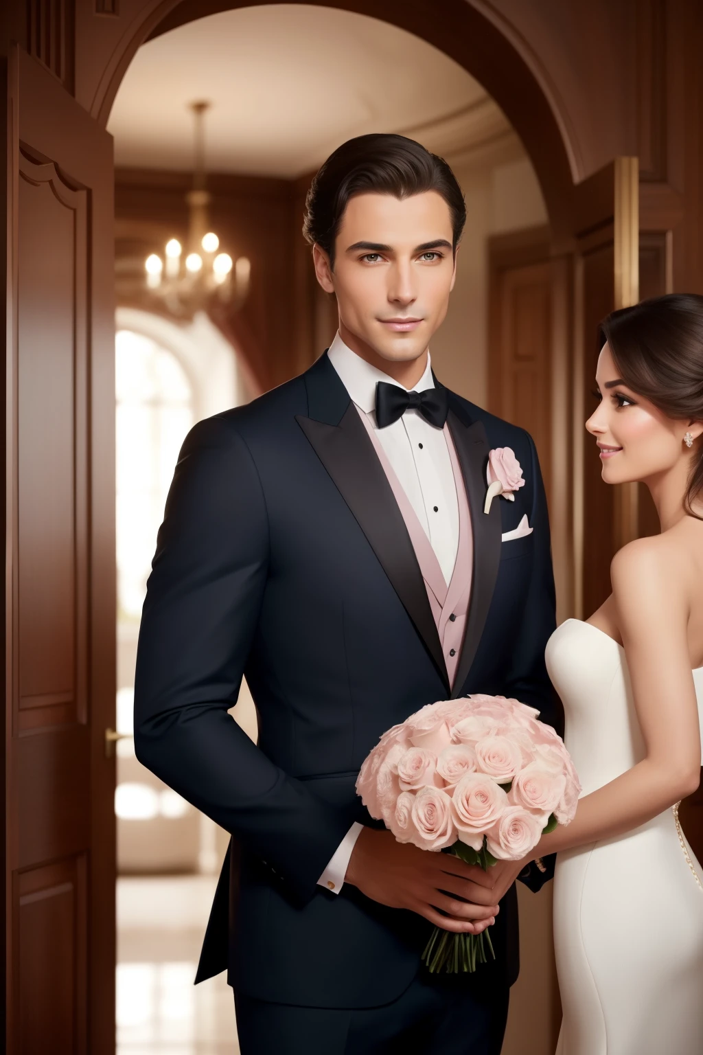 A suave and sophisticated man in love, standing at a distance, gaze filled with adoration and anticipation. He holds a stunning bouquet of roses, each bloom vibrant and fresh, with petals of crimson, blush pink, and soft white. His attire, impeccably tailored, exudes elegance as he prepares to present the flowers to his beloved.
The captivating woman, awaiting him with a radiant smile, is dressed in a chic ensemble, her delicate features accentuated by delicate makeup. Her luxurious brunette hair cascades down her shoulders, framing her captivating face.
The scene unfolds in an idyl
