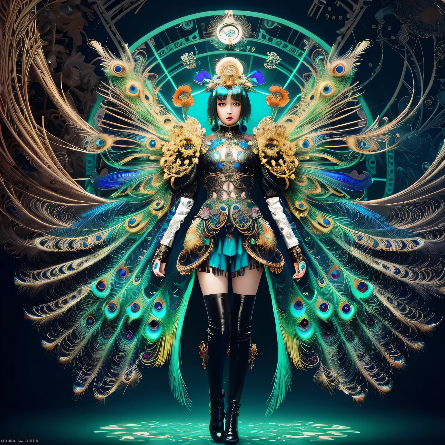 Android Mechanical Peacock,Robot Wings,Ernst Haeckel, James Jean. generativeart, Baroque, complicated patterns, Fractorism, Movie stills, Realistic, Bright peacock feathers, complicated, elegant, Very detailed, Digital Painting, Art Station, Smooth, Sharp focus, figure, Overtake, Vaporware,Full Body Shot