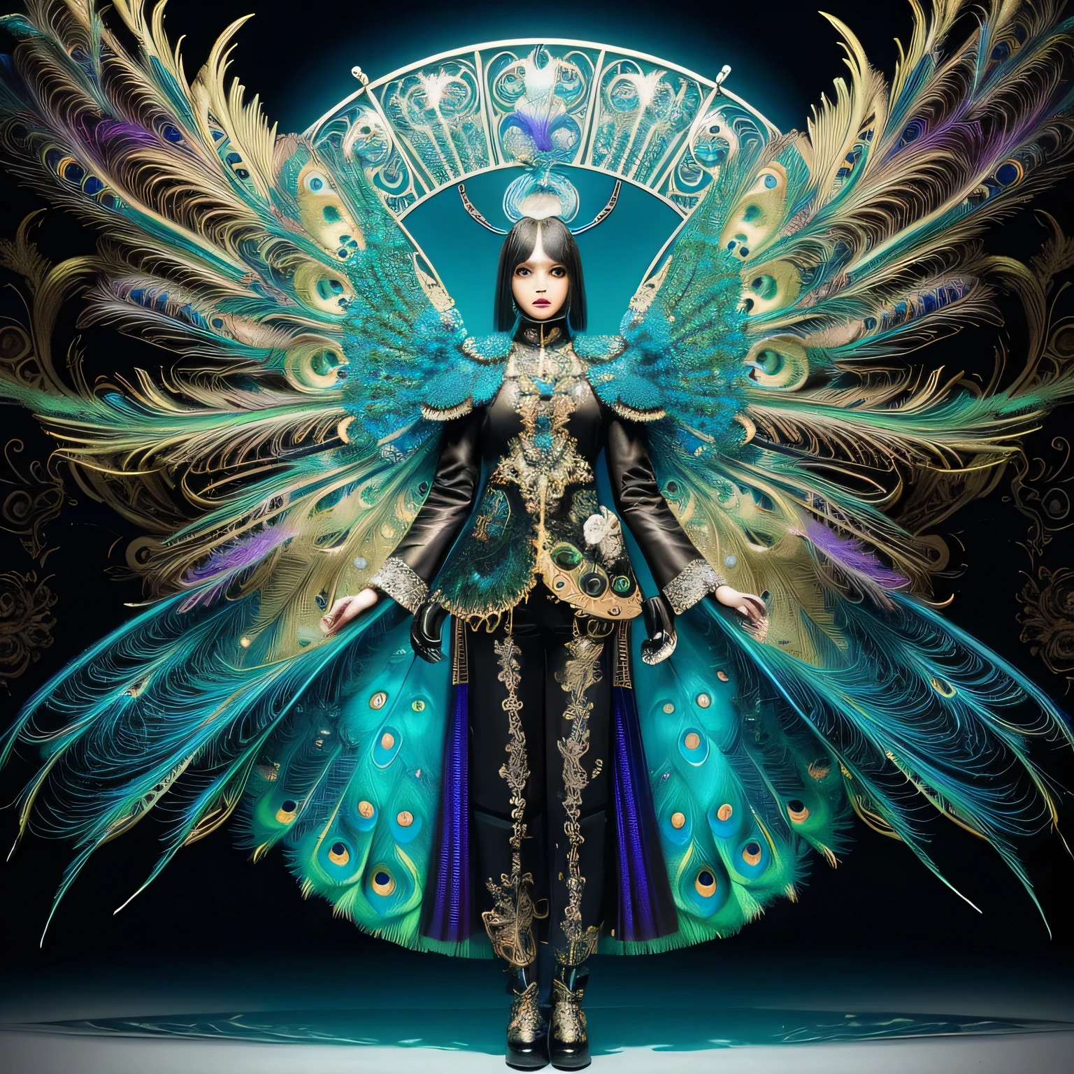 Android Mechanical Peacock,Robot Wings,Ernst Haeckel, James Jean. generativeart, Baroque, complicated patterns, Fractorism, Movie stills, Realistic, Bright peacock feathers, complicated, elegant, Very detailed, Digital Painting, Art Station, Smooth, Sharp focus, figure, Overtake, Vaporware,Full Body Shot