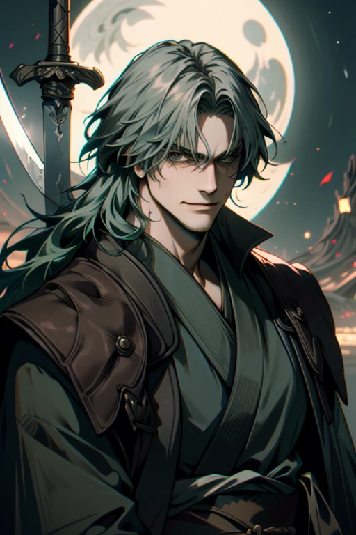 ((Super detailed, masterpiece, Absurd))
DMC5 Dante, One Man, Long Hair, Dark green hair, (((kimono))), Dandy Samurai, Upper Body, Blue Moonlight, Adventurous look, Fearless smile, Glaring at the camera, (((Japanese sword)))