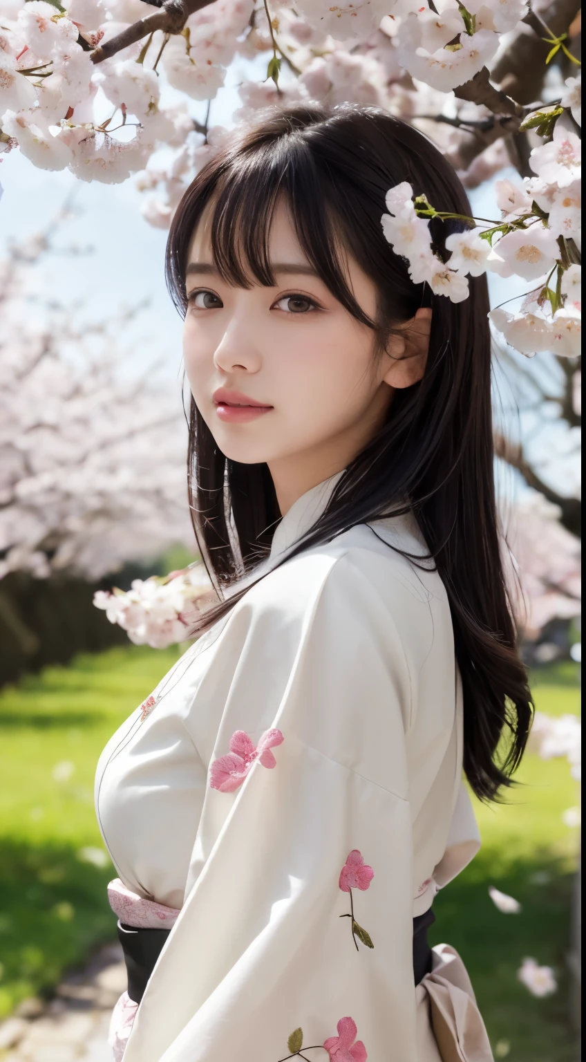 (logo、masterpiece、8k、Tabletop、RAW Photos、wonderful、最high quality、Realistic、Very detailed CG 統合 8k 壁紙、high quality、Very detailed、narrative poem、Particle Effects、Dynamic Effects、Depth of written boundary、Cinematic Light、Lens flare、Ray Tracing)、Fantasy、 (1 beauty、White kimono、Japanese clothing、White cherry blossom pattern、White cherry blossom embroidery pattern、Black-haired、Beautiful Face、True Face、Beautiful details in the eyes、Beautiful Skin)、Hair flutters in Wind、Hair bounces、Pink cherry blossom tree、Petals flutter、SakuraFubuki、wonderful景色、Morning Glow、Sun in the background、Wind、god々、tooth、god話、Vast land、