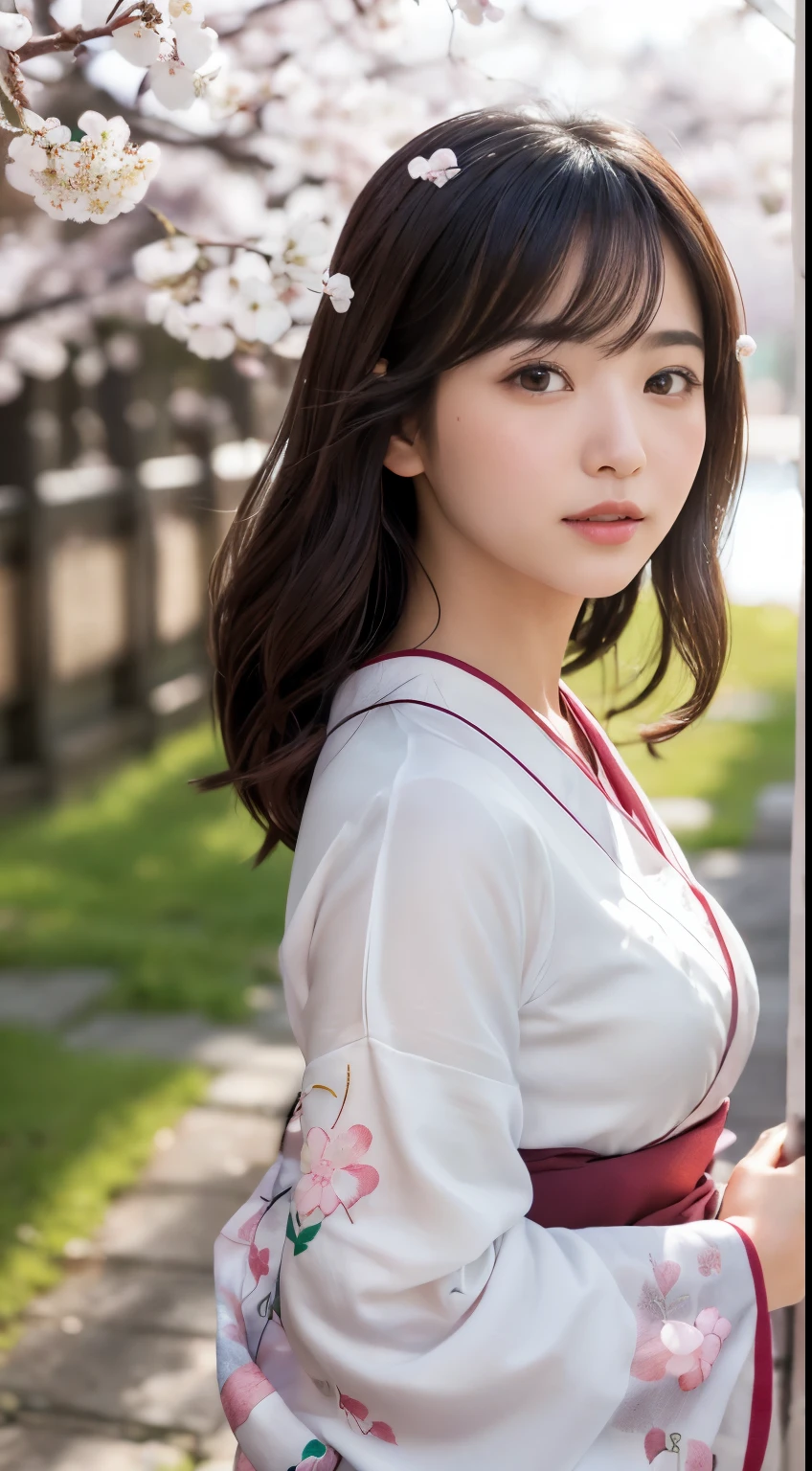 (logo、masterpiece、8k、Tabletop、RAW Photos、wonderful、最high quality、Realistic、Very detailed CG 統合 8k 壁紙、high quality、Very detailed、narrative poem、Particle Effects、Dynamic Effects、Depth of written boundary、Cinematic Light、Lens flare、Ray Tracing)、Fantasy、 (1 beauty、White kimono、Japanese clothing、White cherry blossom pattern、White cherry blossom embroidery pattern、Black-haired、Beautiful Face、True Face、Beautiful details in the eyes、Beautiful Skin)、Hair flutters in Wind、Hair bounces、Pink cherry blossom tree、Petals flutter、SakuraFubuki、wonderful景色、Morning Glow、Sun in the background、Wind、god々、tooth、god話、Vast land、