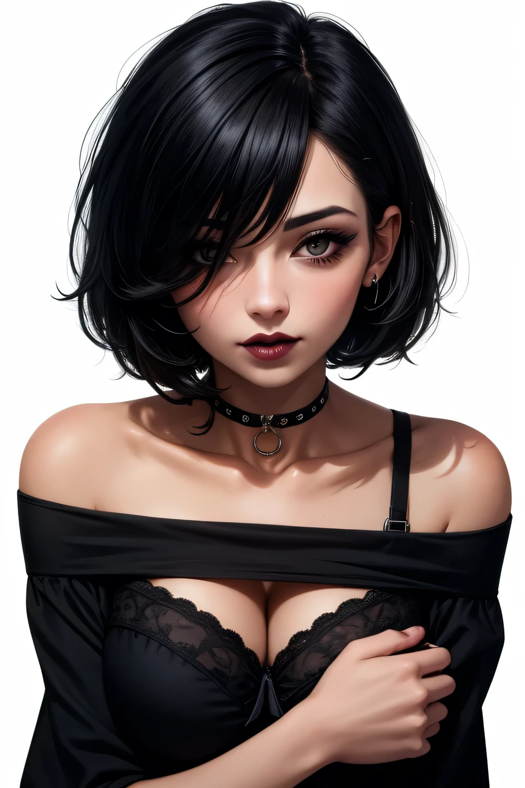Amazing portrait of a cute goth woman with her short black hair in a bob hairstyle and she's wearing heavy eyeliner around her eyes and she's gazing at you seductively she wears an off shoulder t shirt that is orange and black with black bra straps