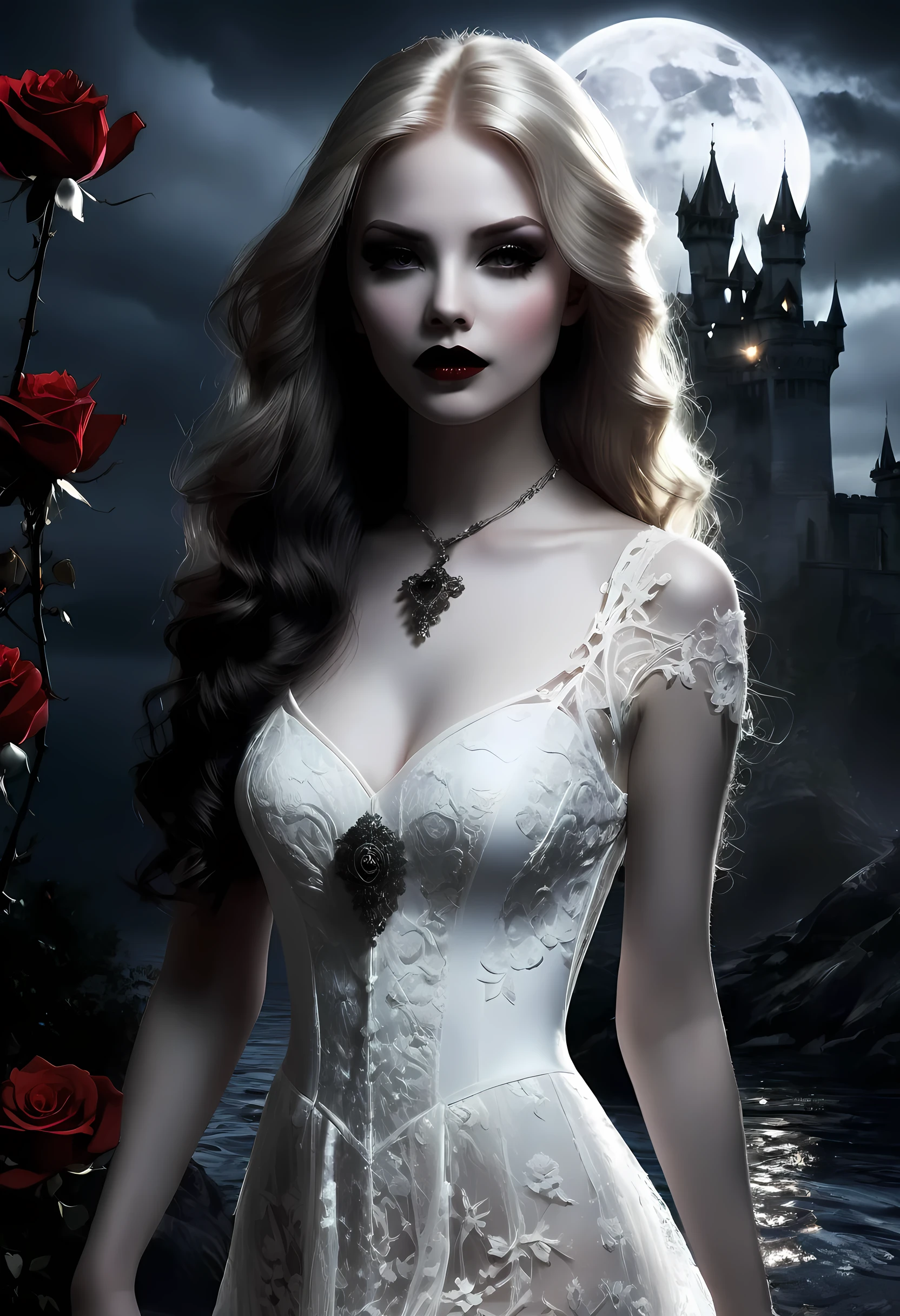 Dark fantasy art, fantasy art, goth art,  a picture of a female vampire, exquisite beauty, full body shot, dark glamour shot,  pale white skin, dark blond hair, long hair, wavy hair, (glowing grey: 1.3) eyes,  she  wears a (white lace dress: 1.3) exquisite, beautiful, half sheer dress, ((white lace: 1.5)) dress (intense details, Masterpiece, best quality: 1.5), ArmoredDress, the roses are imprinted on the dress (black: 1.4)  black roses betmd, high heells, dark castle porchm, dark, black and color