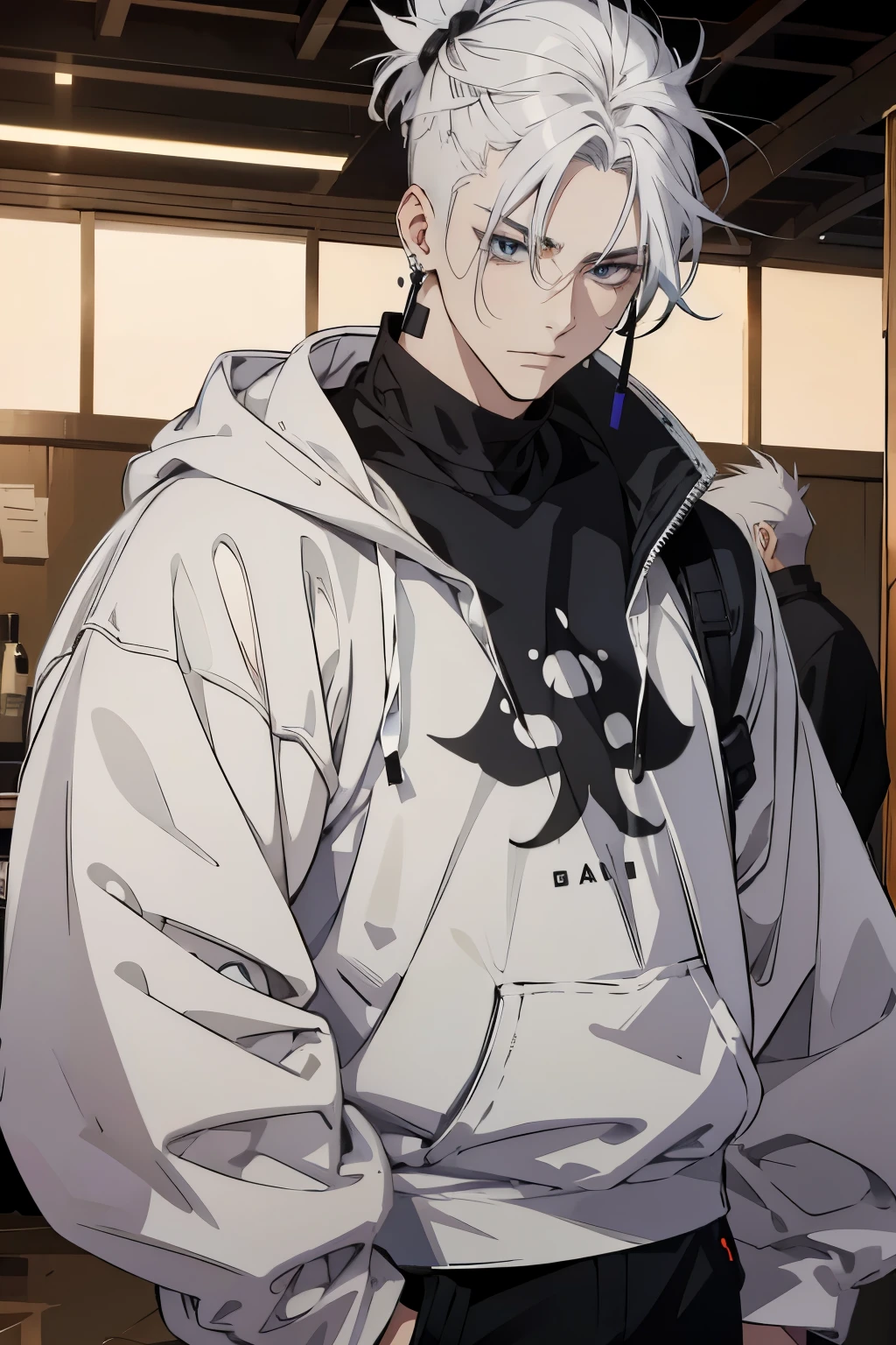 Anime young man gradient gray hair on shaved sides flips hair to the left side in the middle serious face with black earrings sweatshirt big dark circles extremely perfect eyes
