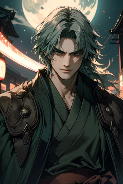 ((Super detailed, masterpiece, Absurd))
DMC5 Dante, One Man, Long Hair, Dark green hair, (((kimono))), Dandy Samurai, Upper Body, (((front))), Blue Moonlight, Adventurous look, Fearless smile, Glaring at the camera, (((Japanese sword)))