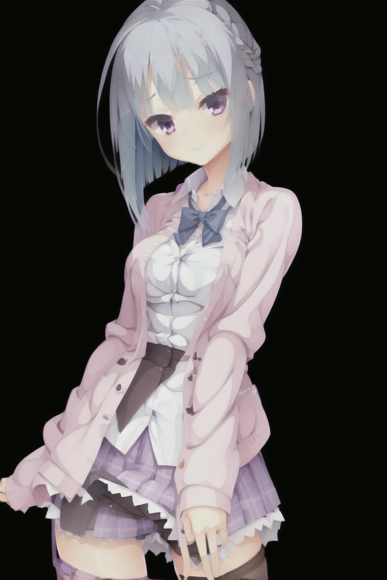 1girl,solo,pink_eyes,blue_hair,bob_hair,smile,Light brown cardigan, baggy cardigan, white shirt, cute shirt, skirt, pleated skirt, brown skirt, plaid skirt,(pantyhose:1.3),stockings,sleeves_past_wrists,Bedroom,expensive_solve, clear_image, expensive_Contrast, 8k, Sparkling, beautiful_detailed_face_and_eye, (Blue Hair:1.25), 白 eye,Black background