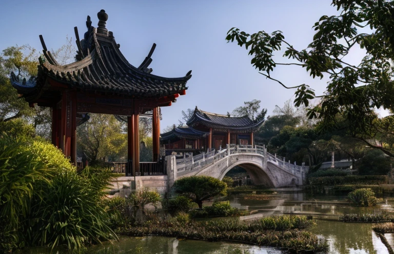 This is Chinese painting，Li Keran style Chinese painting，International Art Exhibition Award-winning Works，There is a pagoda in the middle of the garden，There is another bridge,  Chinese Architecture, Chinese Architecture, Chinese Village, Beautiful ancient garden behind，girl，红衣girl，Red Umbrella，Parasols，bird，Green Trees，The picture is beautiful，Graininess，Rice paper