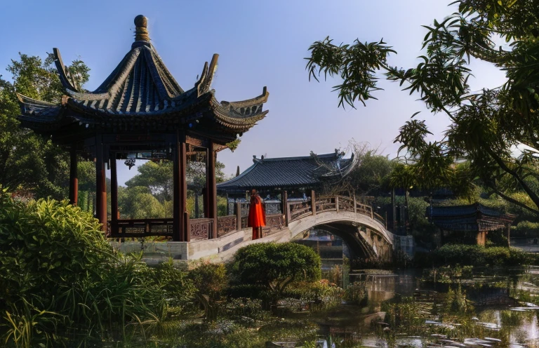 This is Chinese painting，Li Keran style Chinese painting，International Art Exhibition Award-winning Works，There is a pagoda in the middle of the garden，There is another bridge,  Chinese Architecture, Chinese Architecture, Chinese Village, Beautiful ancient garden behind，girl，红衣girl，Red Umbrella，Parasols，bird，Green Trees，The picture is beautiful，Graininess，Rice paper