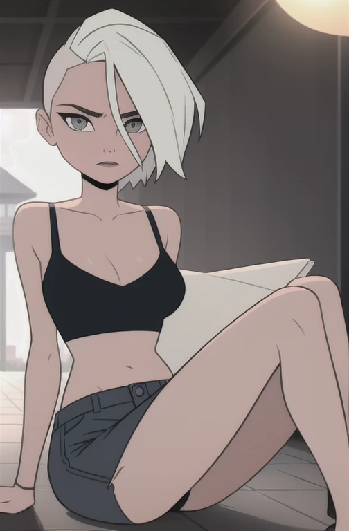 (dark theme:0.6), Glucose, 1 Girl, rough and mature face, face looks older, One, short hair, in a black bra, in a black bikini, sexuality, Long legs, sexy legs, High growth, summer day, Sun, walking in the park, wound, 1.2), White hair, pomade, decrease, is sitting, I look at the viewer, grey eyes, Sharp image, crop top, (HDR:1.22), bright acid colors, complex background, Hyper detailed, art [[Jordan Grimmer]], close-up