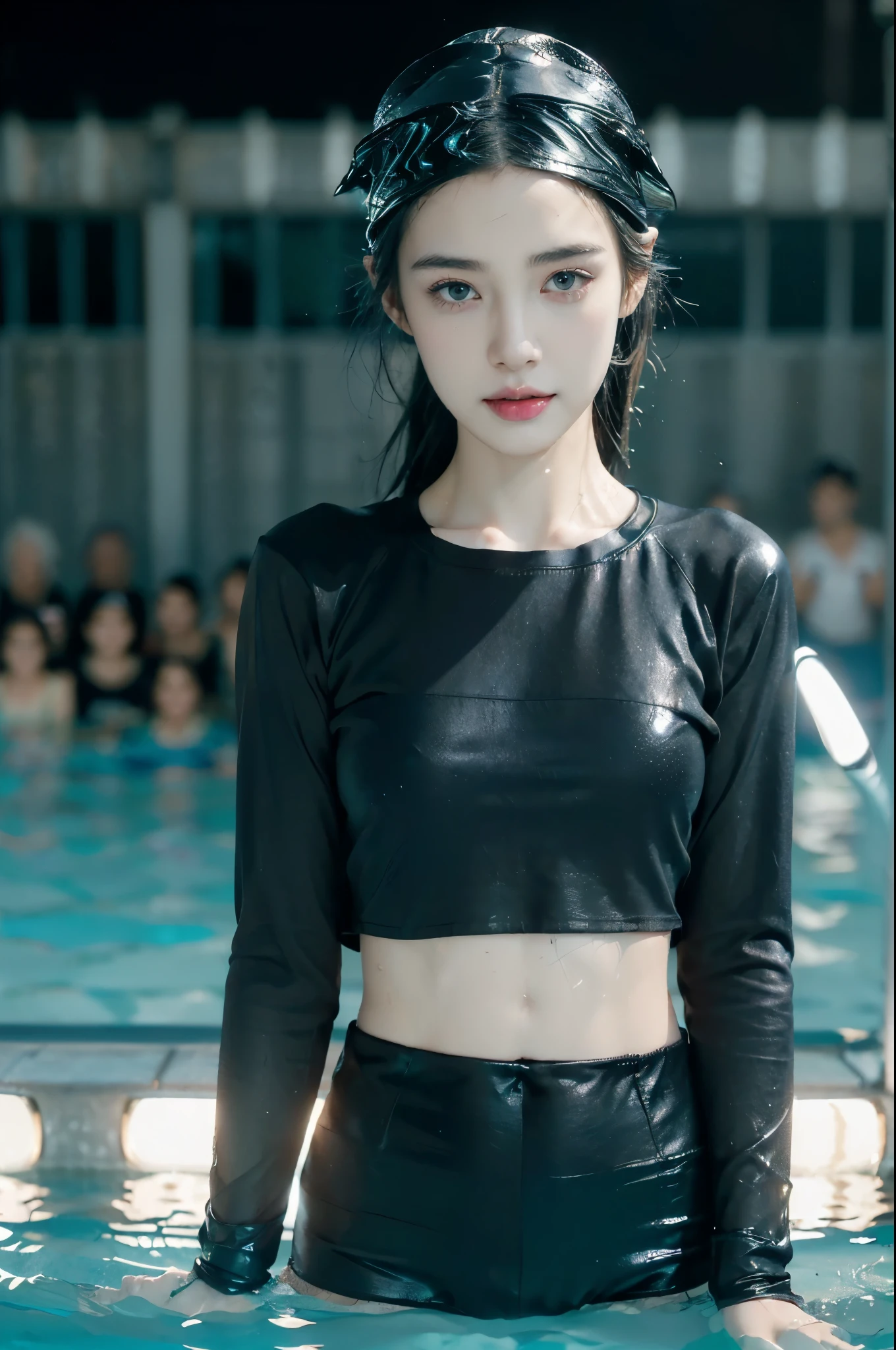 (Extremely meticulous CG),(((8k))),wallpaper,((Extremely refined and beautiful)),(((Masterpiece))),(((best qualtiy))),(((Ultra High Resolution))),beautiful light up,realistic shaded,(Smooth and flawless fair skin:1.5),(Extremely exquisite facial details:1.3),(ultra-detailed:1.5),((a beautiful girl,solo)),(black swimming cap on head:1.5),(short ponytail:1.2),(small head:1.2),(slender face:1.2),(Exquisite makeup:1.3),(wet:1.5),(sweat:1.5),(happy:1.2),(laughing:1.2),(perfect body:1.1),(pale skin:1.3),(shiny skin:1.5),((slim,thin)),(small breasts:1.2),(flat chests:1.2),(long sleeves:1.2),(torn black swimming T-shirt:1.5),(navel:1.3),(swimming shorts:1.3),(standing in the water:1.3),(the lower body below the neck is in water:1.3),(At the swimming pool:1.3),(In the swimming pool:1.3),(clear water:1.3),(indoor:1.2),(Cyberpunk style:1.3),(neon lights:1.3),(night scene:1.3),(detailed background:1.5),(upper body:1.3),(from front:1.3),(surrounded by crowded crowds of old men:1.5)