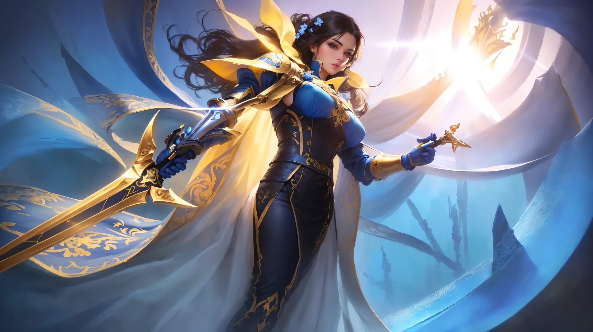 Beautiful,a close up of a woman with a sword in a blue and yellow background,High Quality 