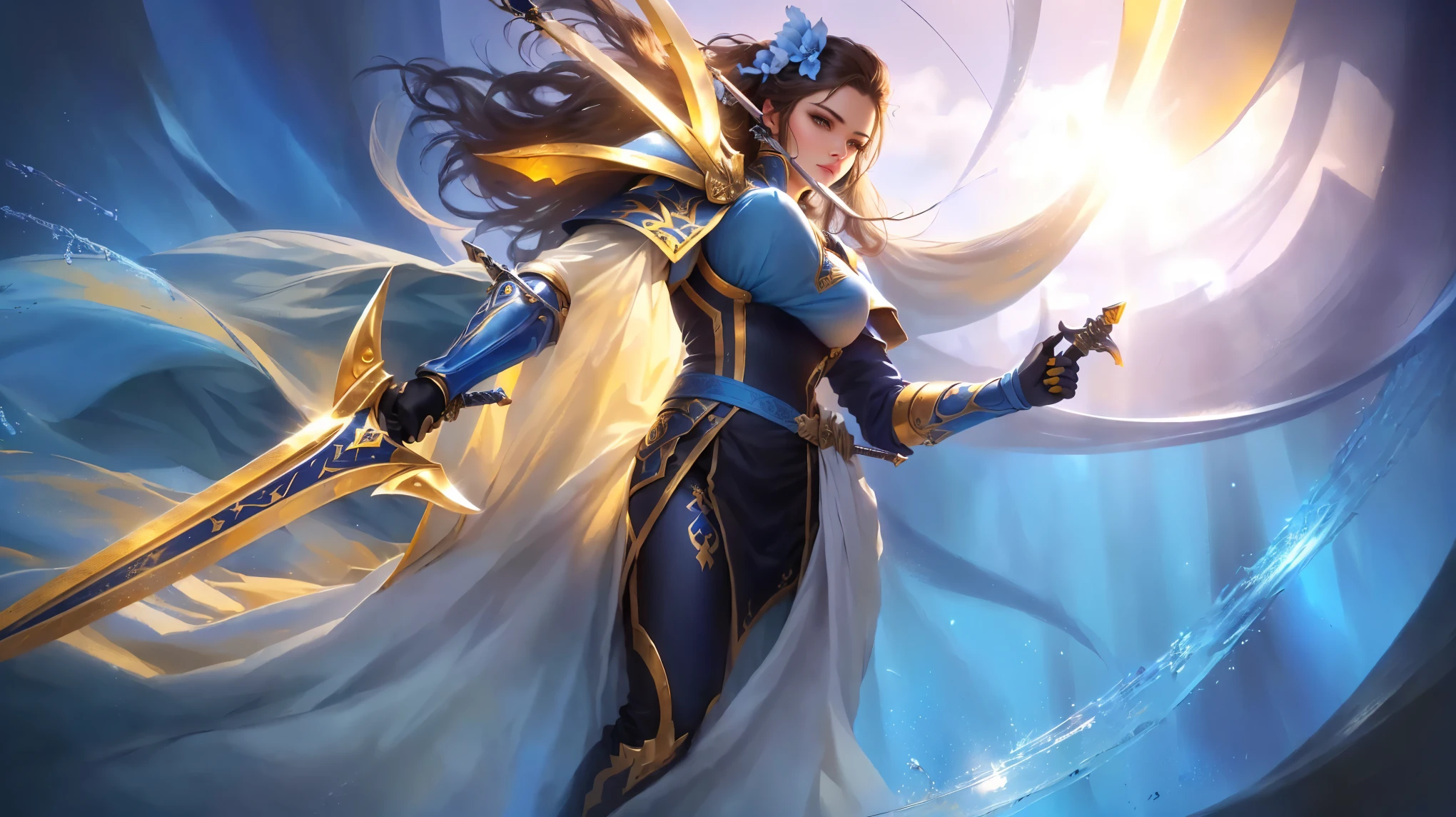 Beautiful,a close up of a woman with a sword in a blue and yellow background,High Quality