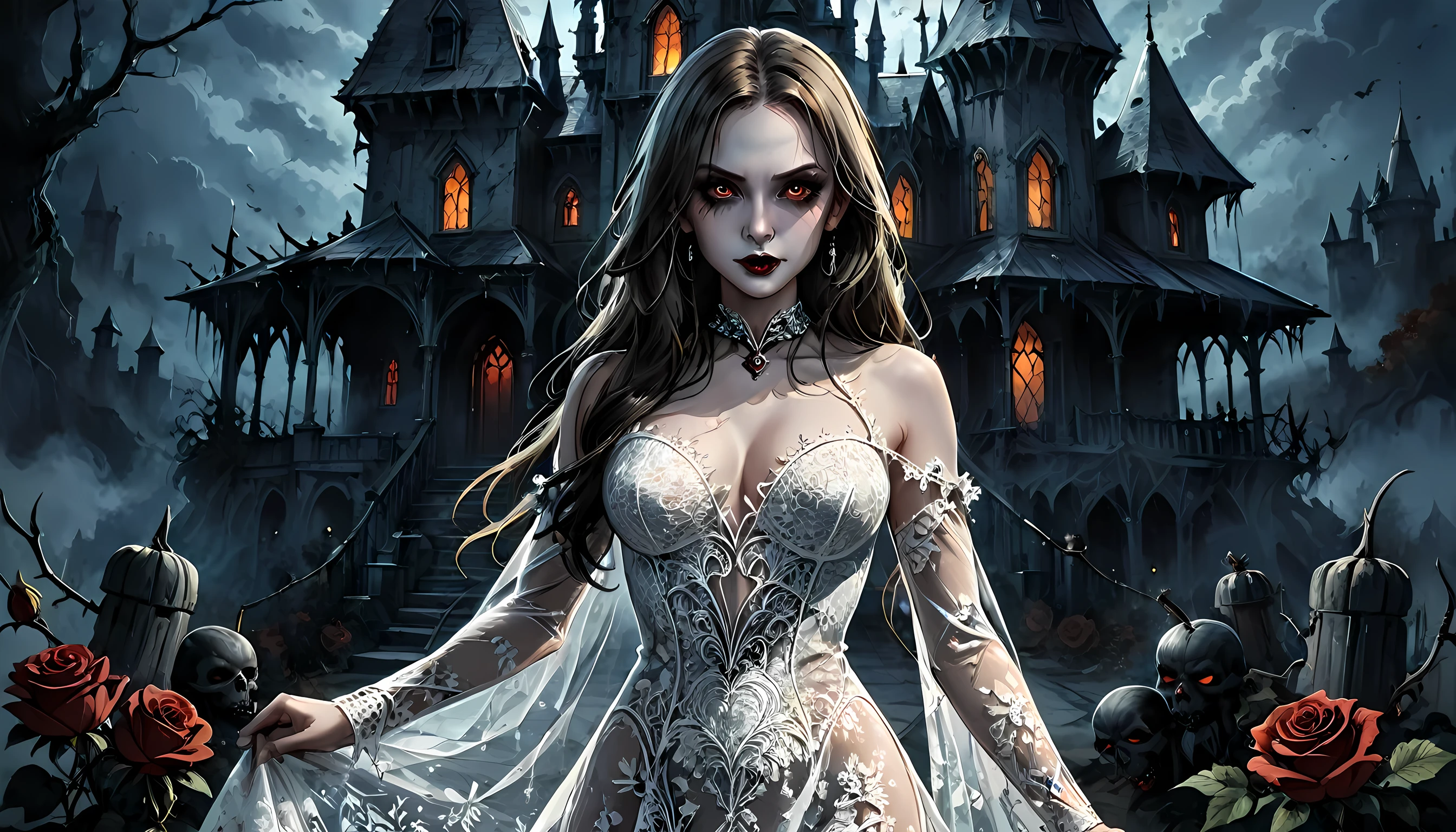 Arafed, Dark fantasy art, fantasy art, goth art, a picture of a female vampire, exquisite beauty, full body shot, dark glamour shot, pale white skin, dark blond hair, long hair, wavy hair, (glowing grey: 1.3) eyes, she wears a (white lace dress: 1.3) exquisite, beautiful, half sheer dress, ((white lace: 1.5)) dress (intense details, Masterpiece, best quality: 1.5), ArmoredDress, the roses are imprinted on the dress (black: 1.4) black roses betmd, high heells, dark castle porchm, dark, black and color, lace drawing,