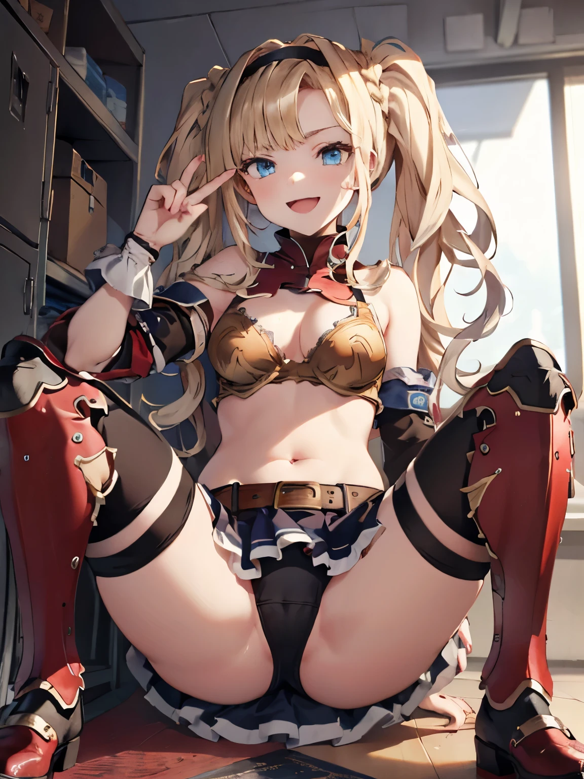 double v,from front,focus on panties,crotch seam, fine underwear,{{{print panty1.1}}},flat chest
,BREAK,
zetadef, braid, hair intakes, twintails, hairband, red armor, shoulder armor, skirt, thighhighs, gauntlets, belt, midriff, cleavage
,BREAK,
from front, {{{shaded face}}}, mock, Haughty,Patronizing,Scoffing,smile big, happy smile, open mouth, looking down at viewer, masterpiece,absurderes, beautiful detailed face
BREAK,
,Squat,looking down at viewer,Squatting,
(lower body shot, View from below, View from the front:1.5), very low - angle,looking down at viewer,
((masutepiece,hight resolution)), masutepiece, Best Quality, , absurderes, Perfect Skin, Detailed skin texture, ultra-detailliert, 8K, Intricate details, beautifull detailed face,hight resolution, 1girl ,from front.
indoors,locker room