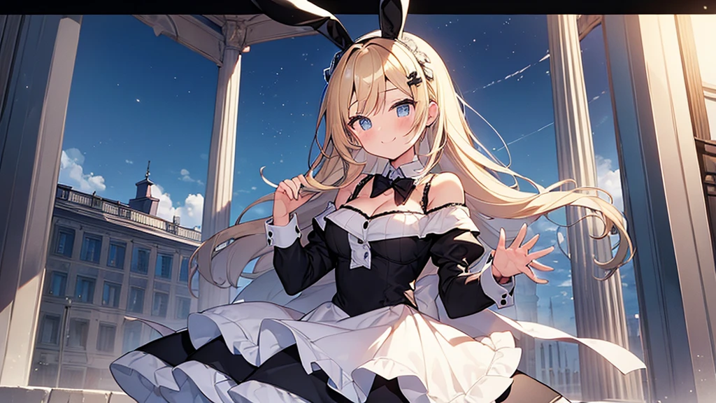 (Masterpiece, Top quality: 1.5),(black Bunny ears:1.3), (French maid:1.4),(off shoulder:1.3) , 1 beautiful girl, solo, blond hair, Braided hair, medium hair, wave hair, (:1.4), medium breasts, cleavage, standard weight, smile:1.3, blush:1.4, (beautiful scene of downtown area), outdoor, magnificent panorama view, dynamic pose, midnight, starry sky