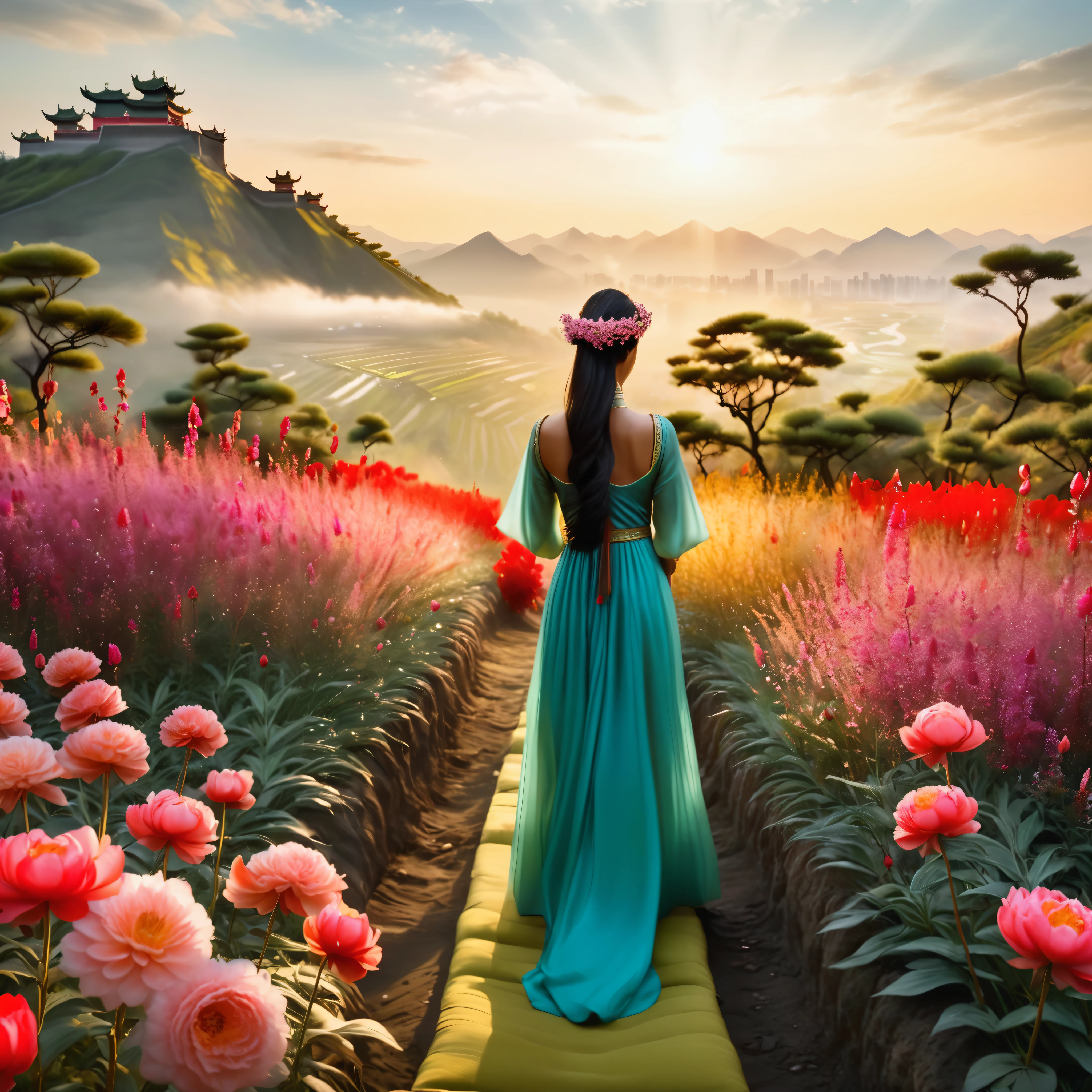 Paint a work in the traditional Chinese ink painting style with an emphasis on gold. Among them should be depicted a wise man with gray hair and long hair and sharp eyes of pink color. This sage should be a man with many hands and fingers and multiple faces.sunset, there is a female in a red and white flowers holding a bouquet, woman in flowers, picking flowers, holding flowers, picking up a flower, woman standing in flower field, woman standing in a flower field, flowers on heir cheeks, woman in a flower field, portrait of woman in flower field walking in forest, woman with a flower head. ((extremely wide shot:1.15)), a ultrarealistic on a bridge looking at a city in the distance in the background, ((back view)), ((full body)), magnificent scene, detailed environment, highly detailed environment deep path Equirectangular garden (((epic UnrealEngine5 Ultra tMasterpiece ultra_high-definition ultra Professional Photorealistic optimal ultra_sharp-focus max ultra_high-quality opengl-shaders symmetrical ultra_high-details accurate reflex ultra_high-resolution perfection volumetric Cinematic_Sunlight improved Octane_render XT3 DSLR 3dcg shadow, analogiques, extatiques, saturate, reflection))) dazzling Will-o'-the-wisp global luminescence, --v 6 --s 1000 --c 20 --q 5 --chaos100