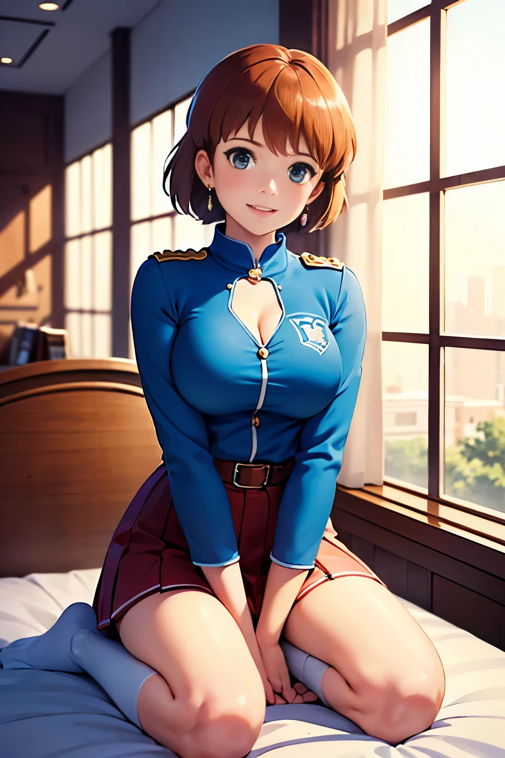 (masterpiece, highest quality, High resolution, 8k, High quality anime illustrations, Realistically), ((Nausicaa)), very cute, smiling happily, (little girl Face), blush, Pout your lips, Moist and beautiful lips,  (alone), Bright reddish brown hair, short hair, Red Gem Earrings, Beautiful moist eyes, Beautiful pointed breasts, (High school girl uniform), mini skirt, white high socks, Perfect beauty, Slim body, (Perfect and detailed anatomy, Beautiful and elaborate face&eye:1.5, Shiny skin, Perfect proportions), Luxury hotel suites bed room, show cleavage, (Staring at the audience), I want to see the whole body。