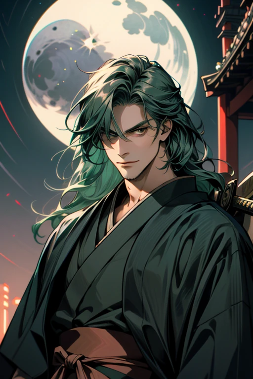 ((Super detailed, masterpiece, Absurd)), One Man, Long Hair, Dark green hair, (((kimono))), Dandy Samurai, Upper Body, (((front))), Blue Moonlight, Adventurous look, Fearless smile, Glare up at the camera, (((Japanese sword))), Dark Shadows