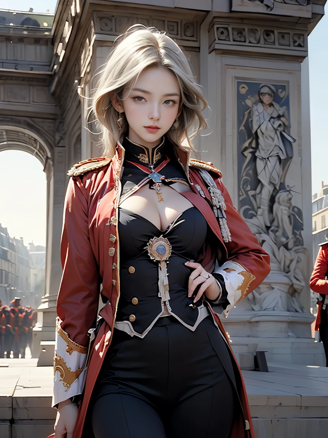 Zerg Queen Beautiful Girl: Ranlinger, 18 years old with slim body, (commander of French army  in 18th century, Napoleon:1.6), white silver Messy Hair, beautiful Perfect Face, Soft Skin, Perfect Face, Yasutomo Oka's painting style, Big firm , hard nipples Sharp Ey Break, dynamic sexy poses, sweatearing dark red long coat, long military suit, cleavage is exposed,ong skirt, black boots, Add light purple and purple, Add Light Red, Intricate details, Splash screen, 8K resolution, masterpiece,(military medals, military parade ceremony, Arc de Triomphe:1.6), (Ruthless, dignified, mad:1.3), Sharp Eyes, Break