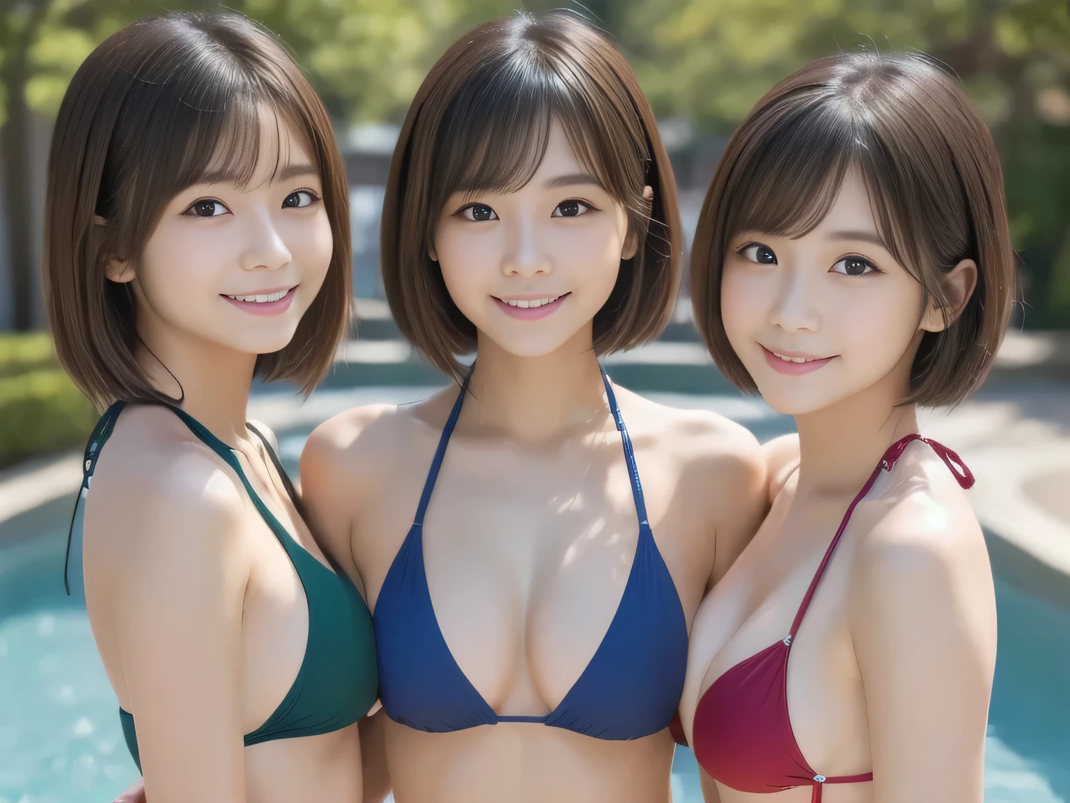 Masterpiece,(five girls),(8k, RAW photo, best quality, masterpiece:1.2), (realistic, photo-realistic:1.4), (extremely detailed 8k wallpaper), sharp focus, depth of field, blur background, bokeh,Do not split,pool side,(Japanese Woman),20-year-old woman,short hair,(well-proportioned body shape:1.5),(bikini: 1.5),(Looking at viewer),((super fine face)),The whole body was photographed,full body,(Clamp your chest with your arms),