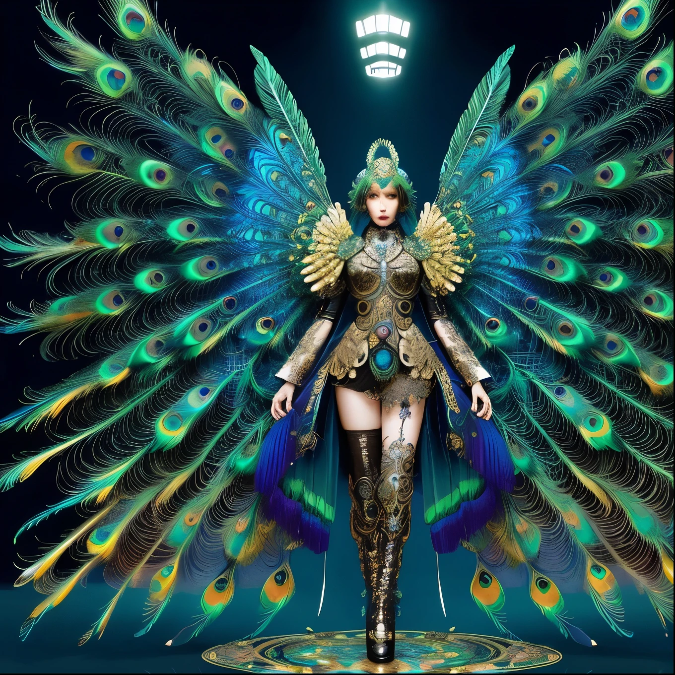 Android Mechanical Peacock,Robot Wings,Ernst Haeckel, James Jean. generativeart, Baroque, complicated patterns, Fractorism, Movie stills, Realistic, Bright peacock feathers, complicated, elegant, Very detailed, Digital Painting, Art Station, Smooth, Sharp focus, figure, Overtake, Vaporware,Full Body Shot
