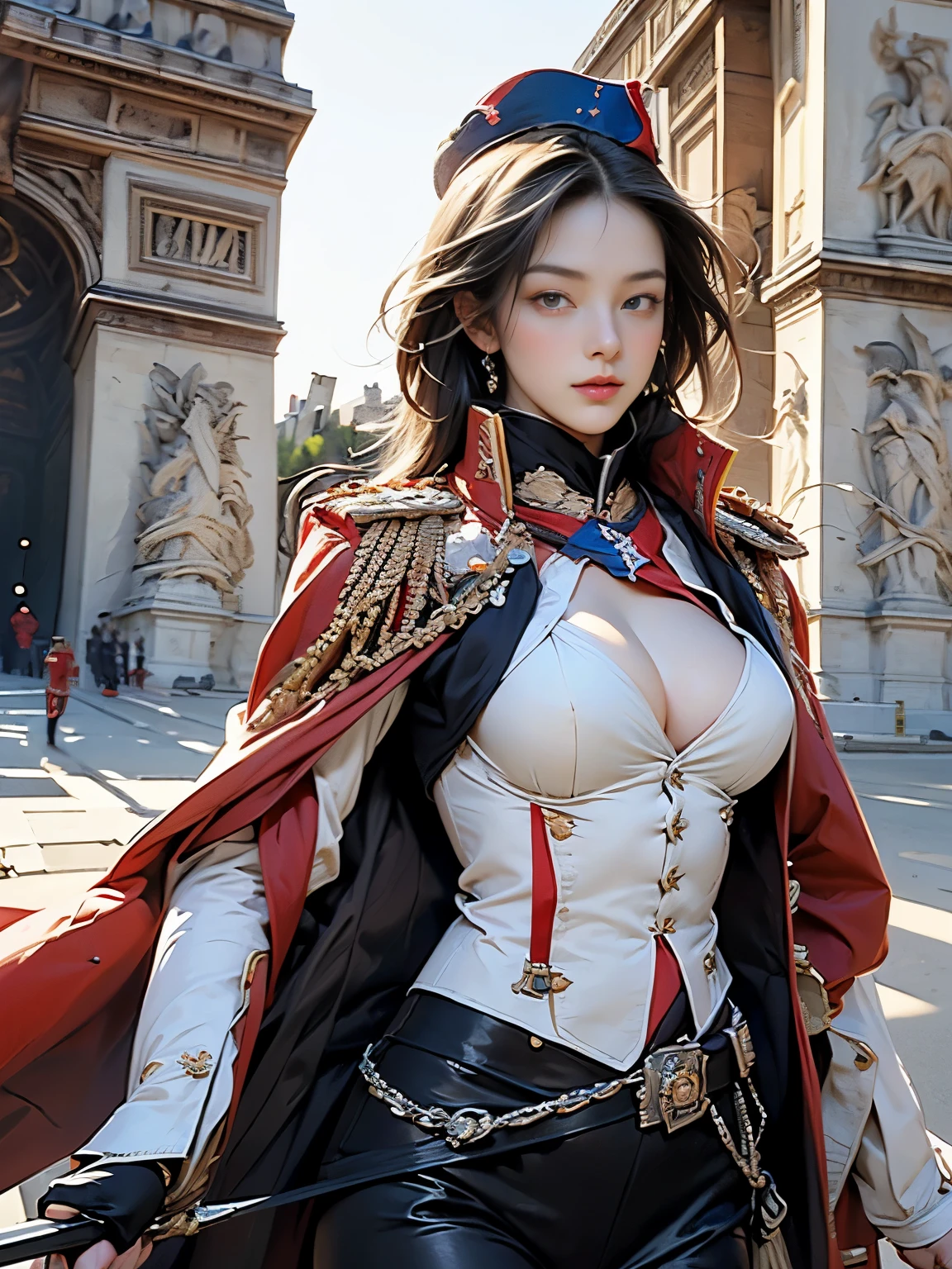 Zerg Queen Beautiful Girl: Ranlinger, 18 years old with slim body, (commander of French army in 18th century, Napoleon:1.6), white silver Messy Hair, beautiful Perfect Face, Soft Skin, Perfect Face, Yasutomo Oka's painting style, Big firm Breasts, hard nipples, Sexy, Sharp Eyes, Break, dynamic sexy poses, sweat, wearing dark red long coat, long military suit, cleavage is exposed, black long skirt, black boots, Add light purple and purple, Add Light Red, Intricate details, Splash screen, 8K resolution, masterpiece,(military medals, military parade ceremony, arc de triomphe in paris:1.6), (Ruthless, dignified, mad:1.3), Sharp Eyes, Break
