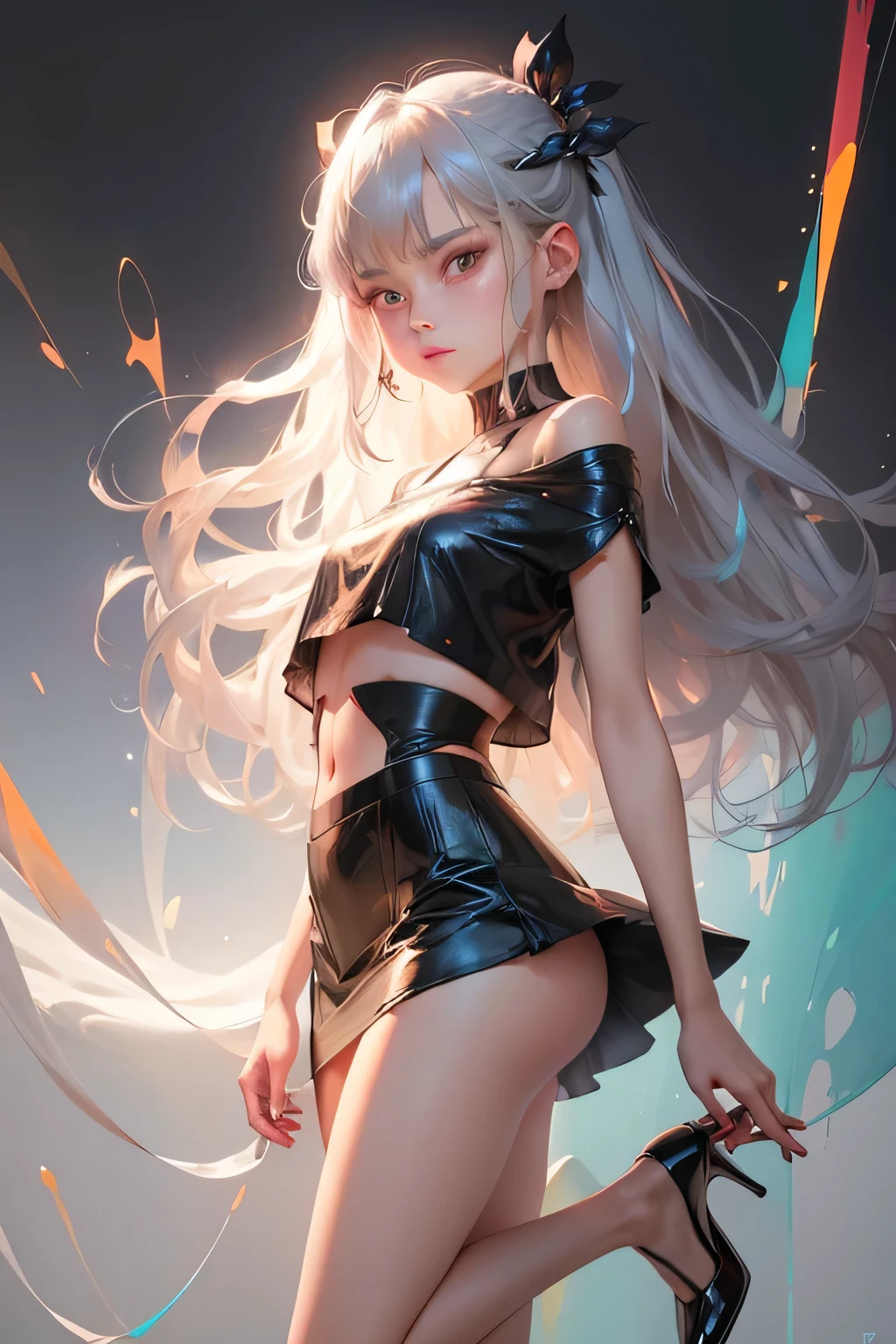 1 girl、long legs,Silver Hair、Dark brown eyes、Shining Eyes、Crop top、mini skirt、Parted lips、1woman wearing trendy clothes, in an abstract oil painting style, fashion show, The painting is ultra-high detailed and has a resolution of 8k, showcasing the best quality and craftsmanship,with a touch of fog, creating a mysterious atmosphere , luminous design, vivit colours,spring lights,Artistic,azure, red, (Bare legs:1.1), (black high heels), black short skirt
