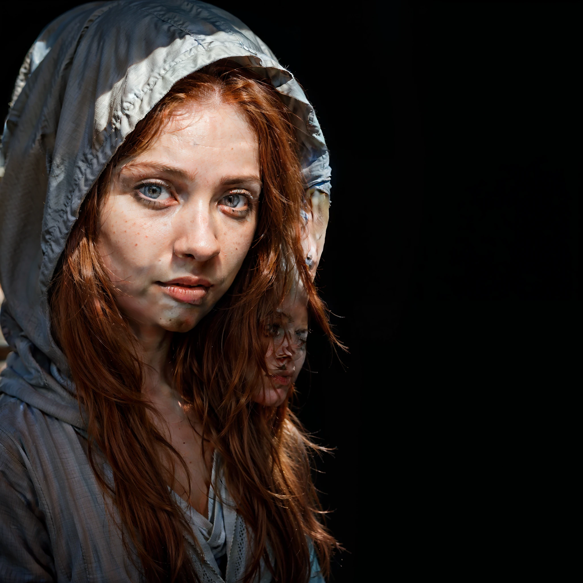 20 year old girl with beautiful red hair, freckles, light blue eyes, timid, caring, depressed, pretty, sad, introvert, introspective, drained, slim body, slender body, skinny body, she wears a tight simple fantasy shirt, a shawl cloaked over her with hood drawn up, Wearing hood, simple tight fantasy trousers, braided red hair that comes past her shoulders that is matted, clear blue eyes, depressed, fantasy world, fantasy city slums underbelly, shadow lighting, dynamic, clear, realistic