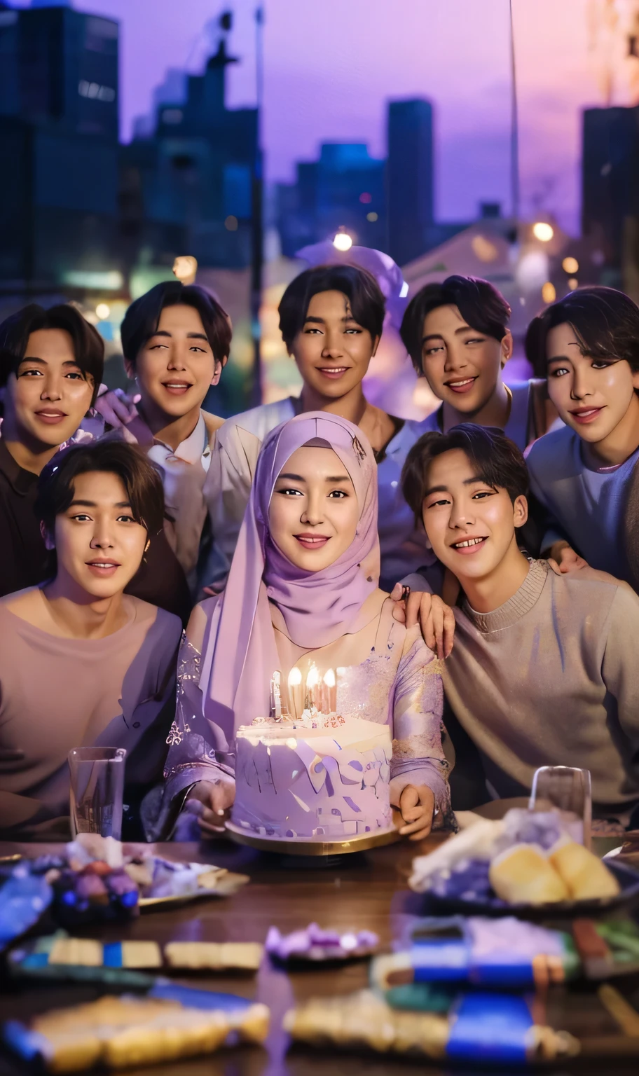 ### Poster Description

**Title:** **"A Special Birthday Celebration with BTS"**

**Main Image:**
- A Korean woman wearing a hijab and an elegant purple gown stands in the center.
- Surrounding her are the 7 members of BTS, also featuring purple accents, smiling and posing together.
- The background is predominantly purple with birthday decorations such as balloons, ribbons, and confetti.

**Additional Details:**
- The words "Happy Birthday" written in both Hangul and Latin scripts, adorned with purple glitter.
- The event date written in an artistic font at the bottom of the poster.
- Decorative elements like stars, flowers, and small purple lights to enhance the festive atmosphere.
- The BTS logo and some of their iconic symbols to add authenticity.

**Theme:**
- Purple as the dominant color theme, symbolizing luxury, elegance, and togetherness.

**Notes:**
- Ensure all design elements have a good color harmony and are not overly crowded to clearly convey the main message of the poster.

With this description, the poster is expected to convey an elegant and joyful atmosphere, capturing the special moment with the idols.